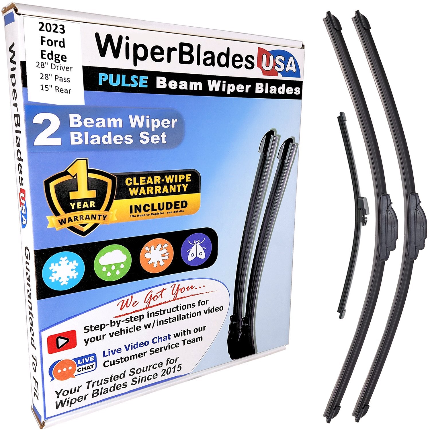 Wiper blades set for 2023 Ford Edge including rear wiper with 1yr Warranty - WiperBladesUSA - Size Correct