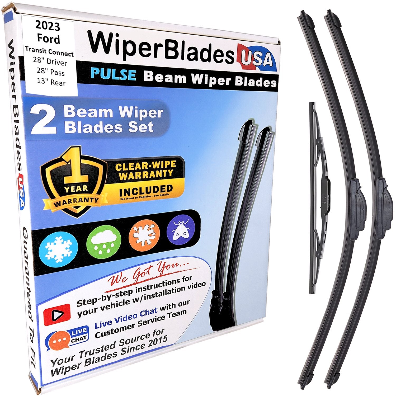Wiper blades set for 2023 Ford Transit Connect including rear wiper with 1yr Warranty - WiperBladesUSA - Size Correct