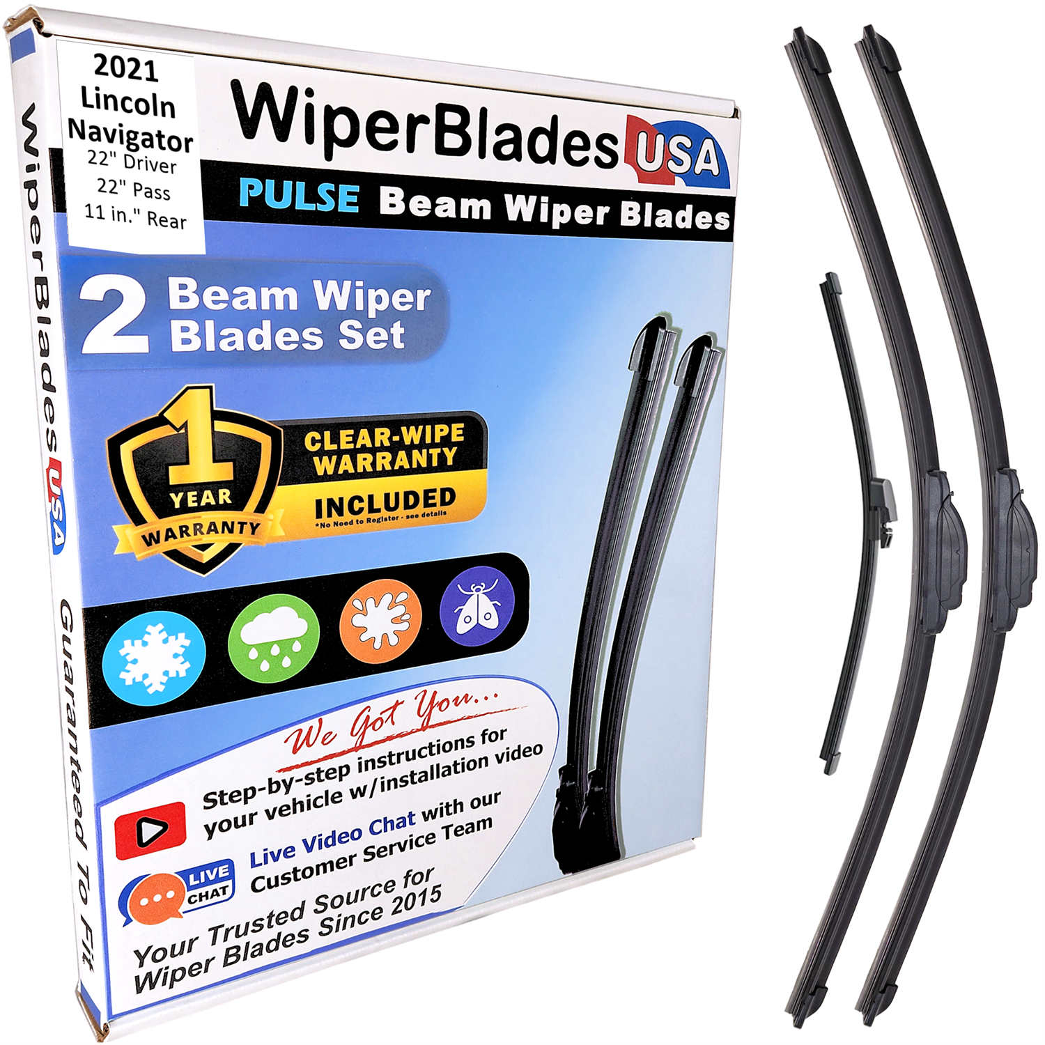 Wiper blades set for 2021 Lincoln Navigator including rear wiper with 1yr Warranty - WiperBladesUSA - Size Correct