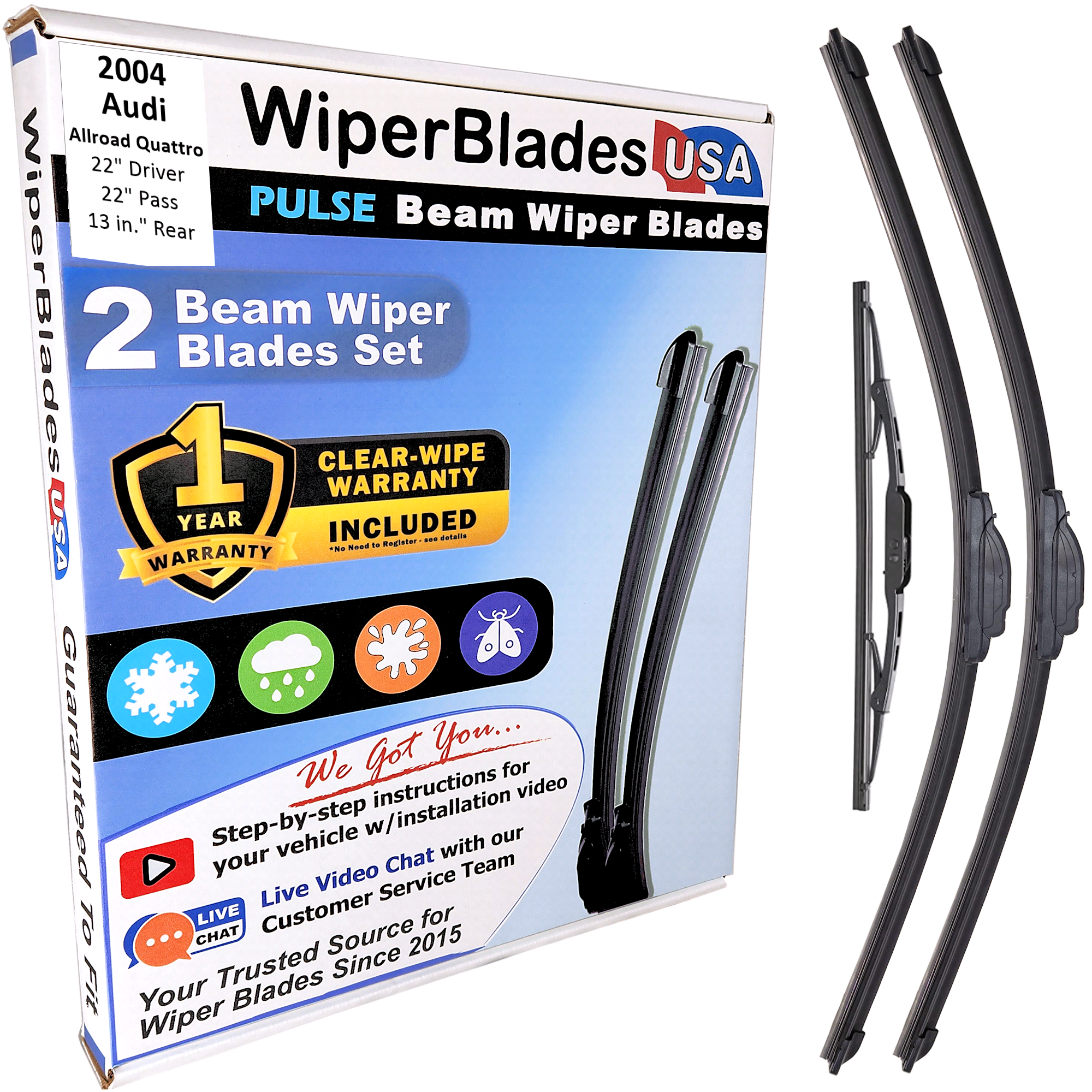Wiper blades set for 2004 Audi Allroad Quattro including rear wiper with 1yr Warranty - WiperBladesUSA - Size Correct