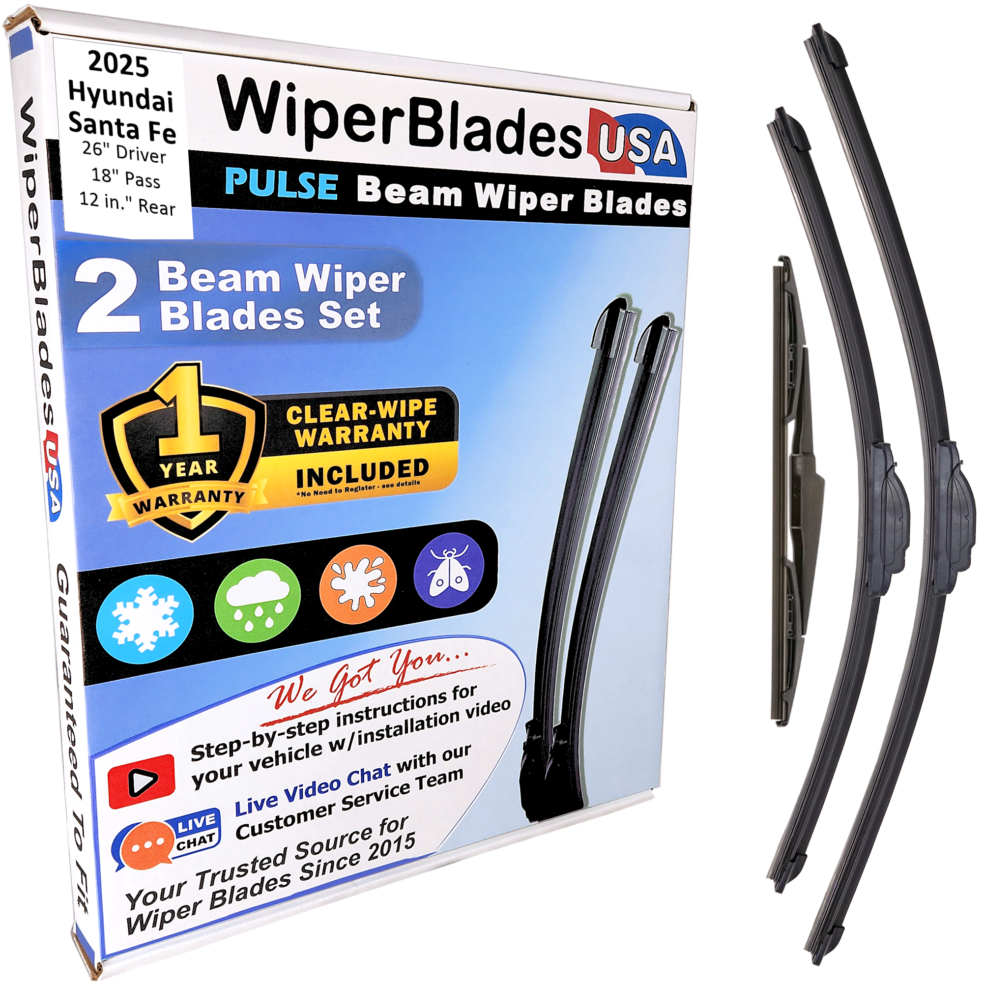 Wiper blades set for 2025 Hyundai Santa Fe including rear wiper with 1yr Warranty - WiperBladesUSA - Size Correct