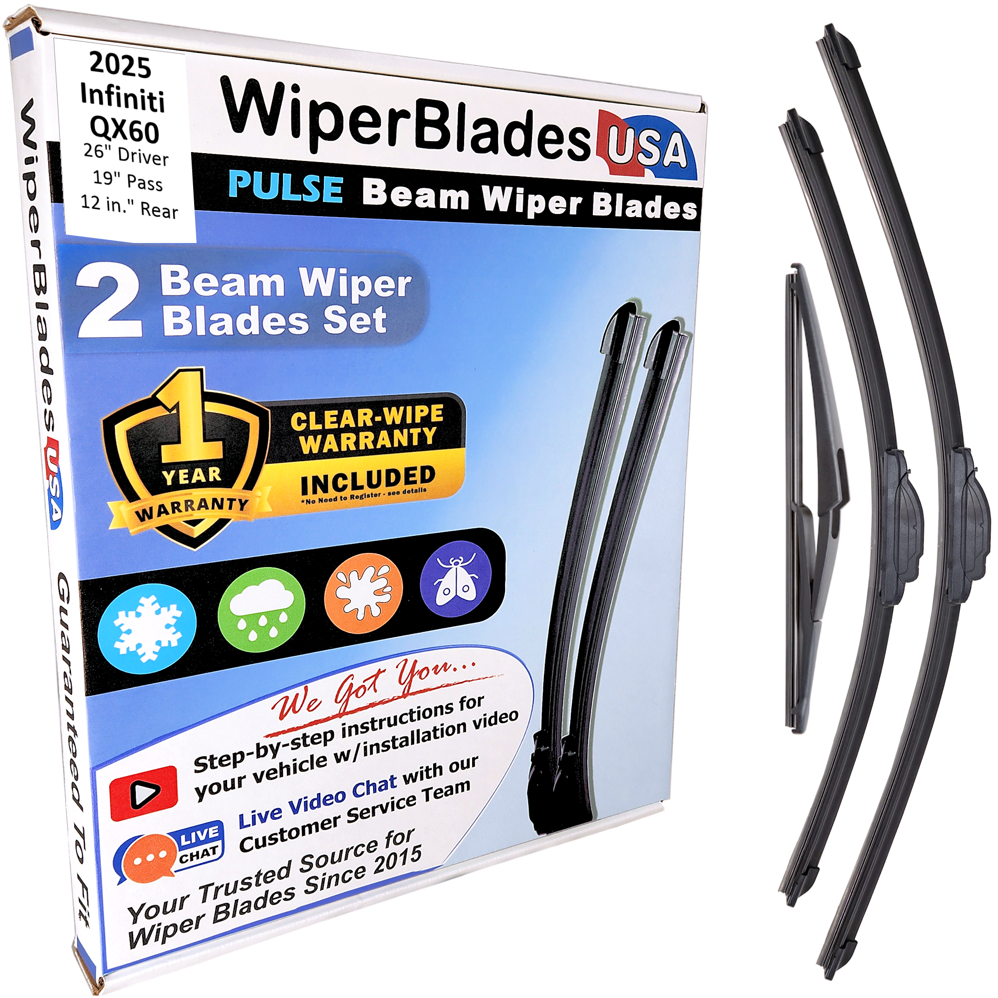 Wiper blades set for 2025 Infiniti QX60 including rear wiper with 1yr Warranty - WiperBladesUSA - Size Correct