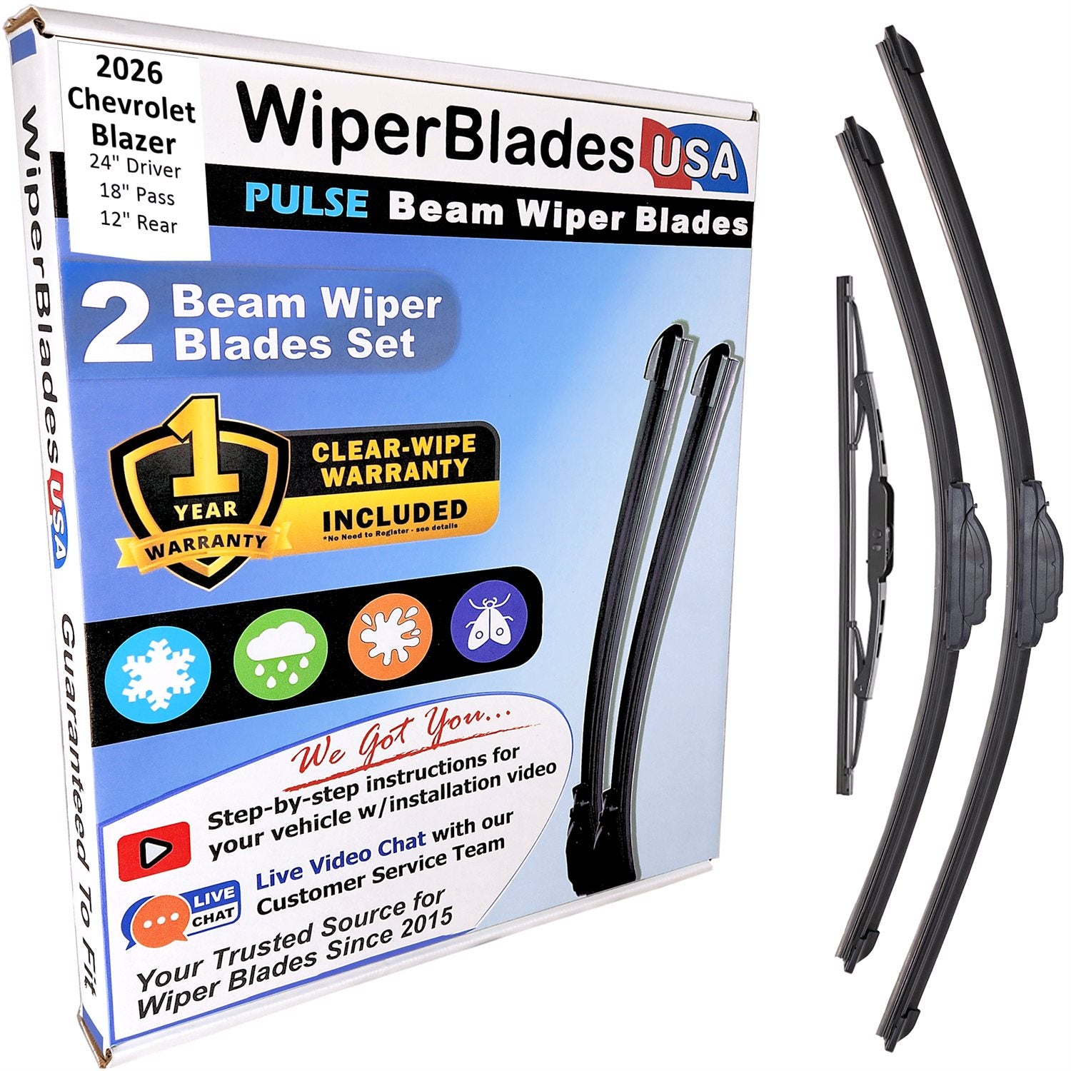Wiper blades set for 2026 Chevrolet Blazer including rear wiper with 1yr Warranty - WiperBladesUSA - Size Correct