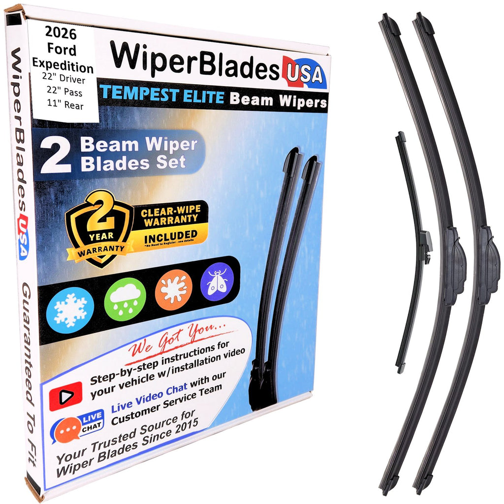 Wiper blades set for 2026 Ford Expedition including rear wiper with 2yr Warranty - WiperBladesUSA - Size Correct