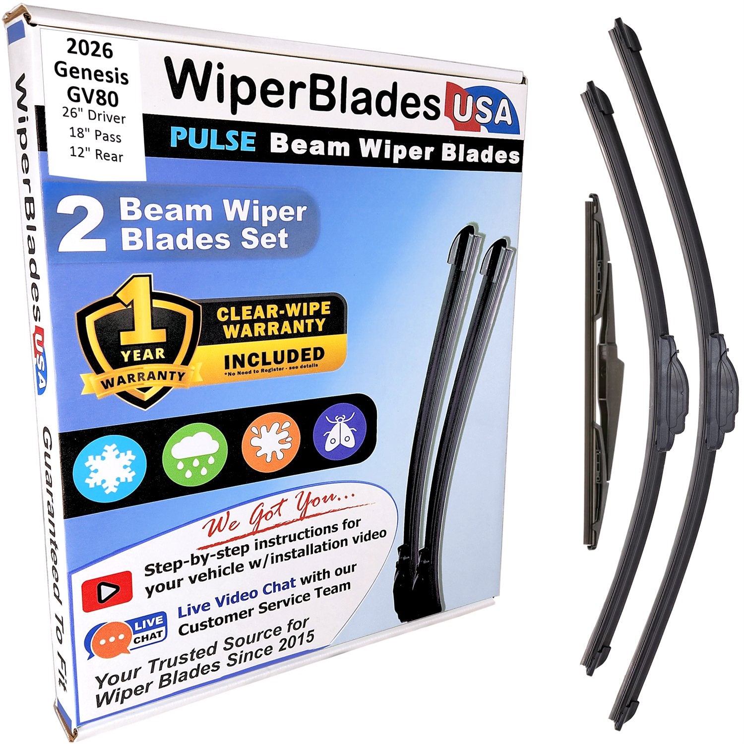 Wiper blades set for 2026 Genesis GV80 including rear wiper with 1yr Warranty - WiperBladesUSA - Size Correct