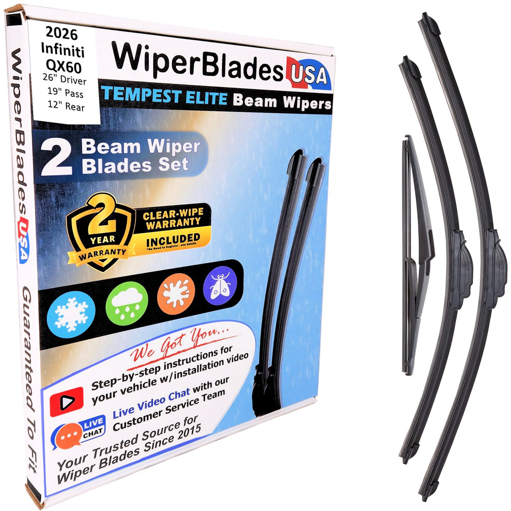 Wiper blades set for 2026 Infiniti QX60 including rear wiper with 2yr Warranty - WiperBladesUSA - Size Correct