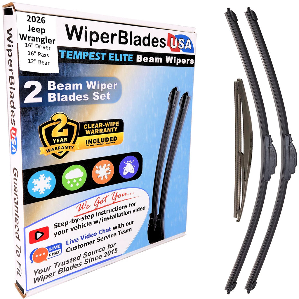 Wiper blades set for 2026 Jeep Wrangler including rear wiper with 2yr Warranty - WiperBladesUSA - Size Correct
