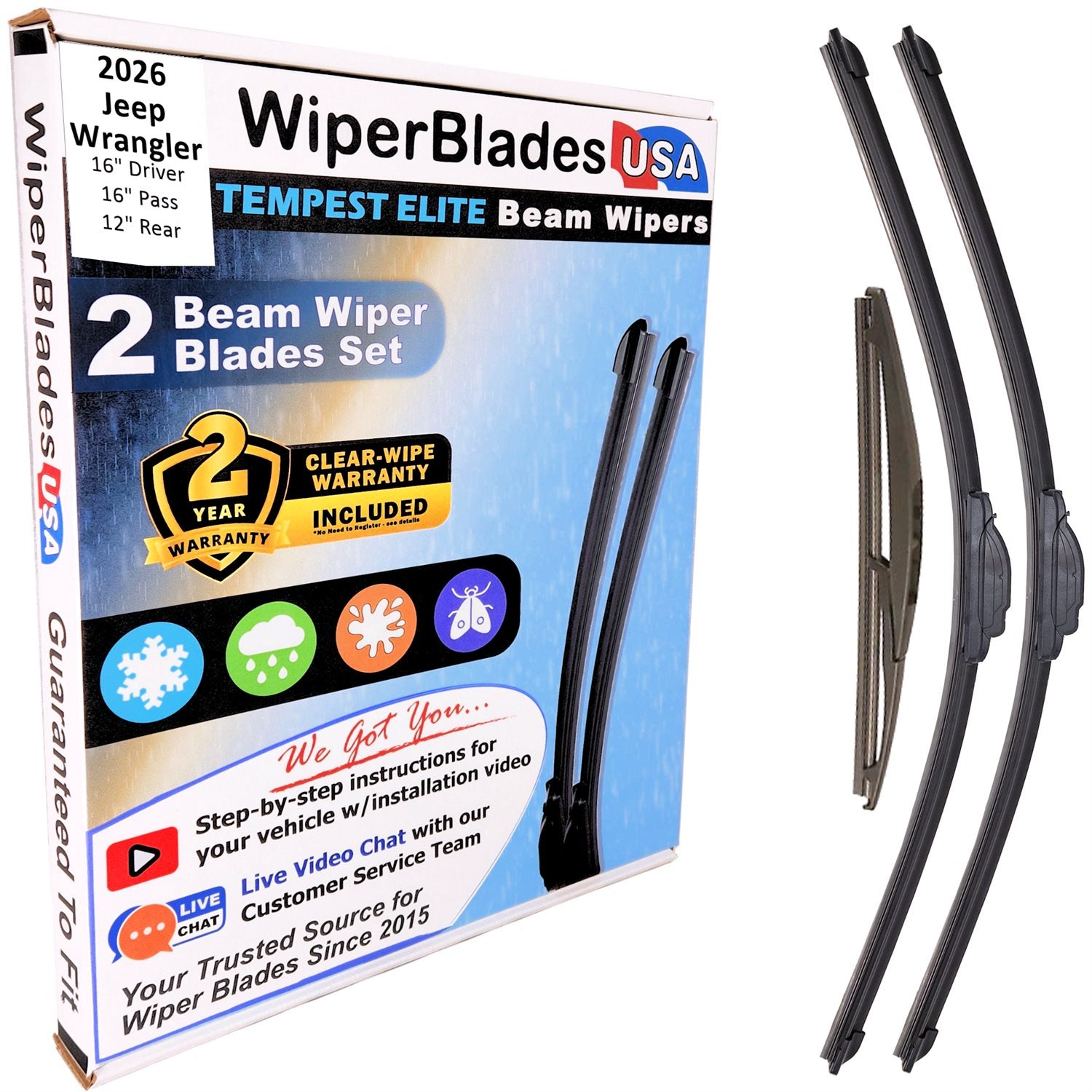 Wiper blades set for 2026 Jeep Wrangler including rear wiper with 2yr Warranty - WiperBladesUSA - Size Correct