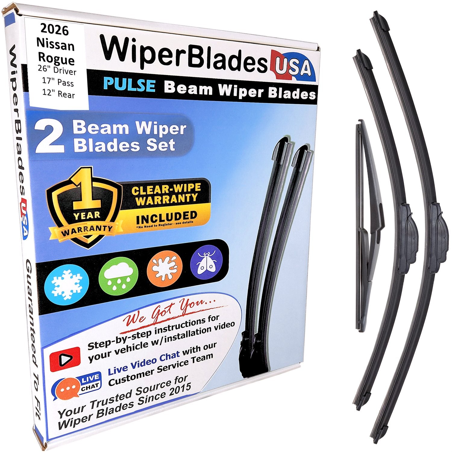 Wiper blades set for 2026 Nissan Rogue including rear wiper with 1yr Warranty - WiperBladesUSA - Size Correct