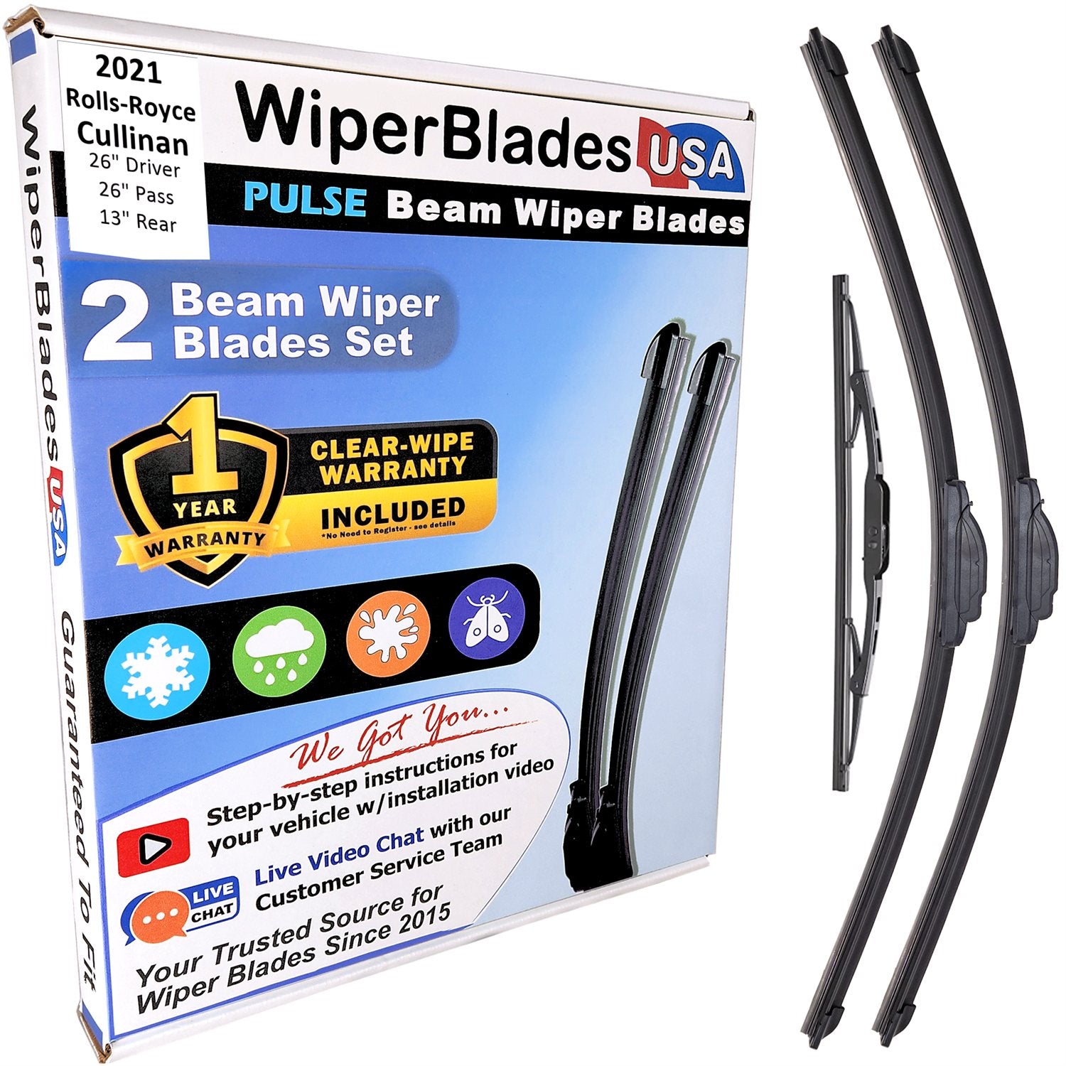 Wiper blades set for 2021 Rolls-Royce Cullinan including rear wiper with 1yr Warranty - WiperBladesUSA - Size Correct
