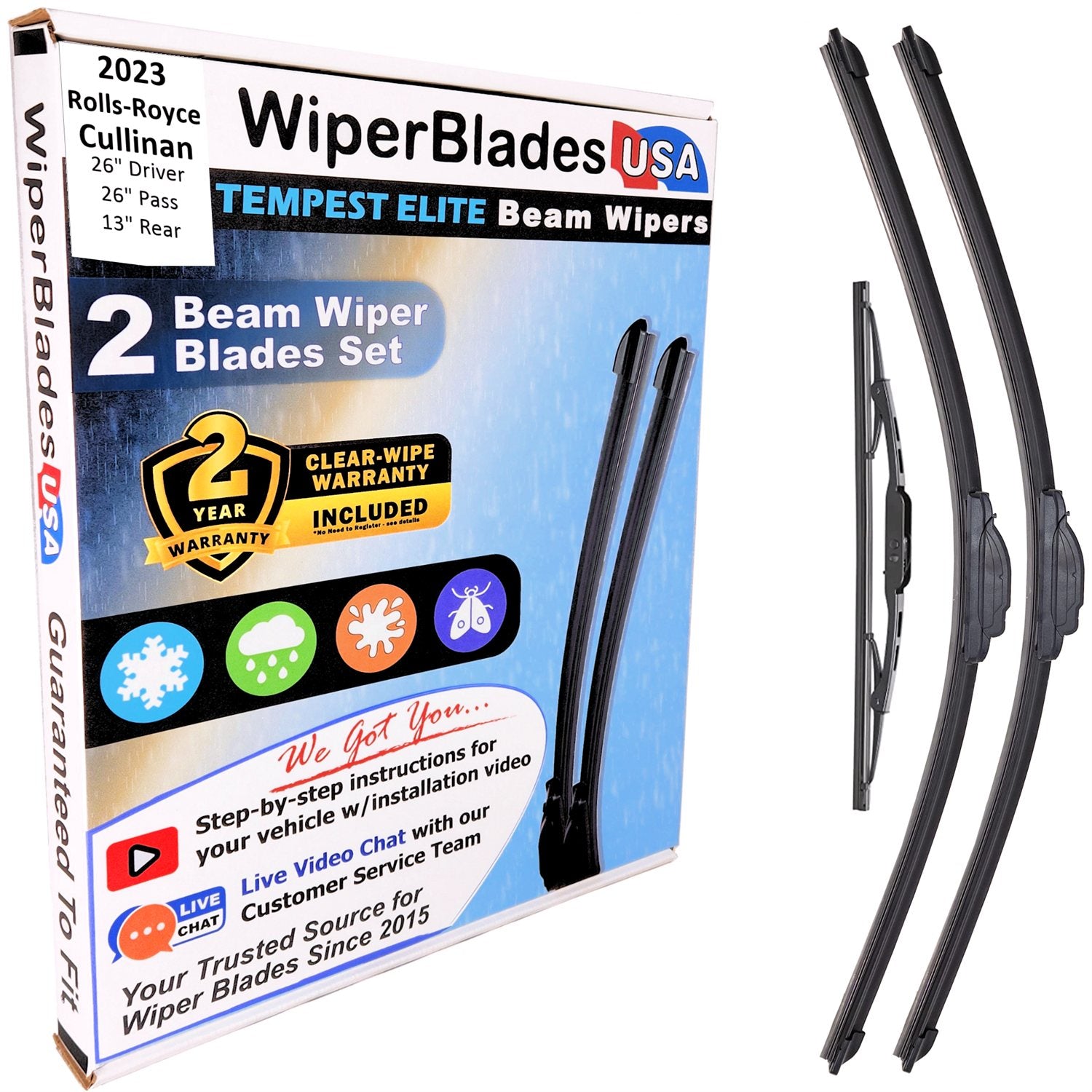Wiper blades set for 2023 Rolls-Royce Cullinan including rear wiper with 2yr Warranty - WiperBladesUSA - Size Correct