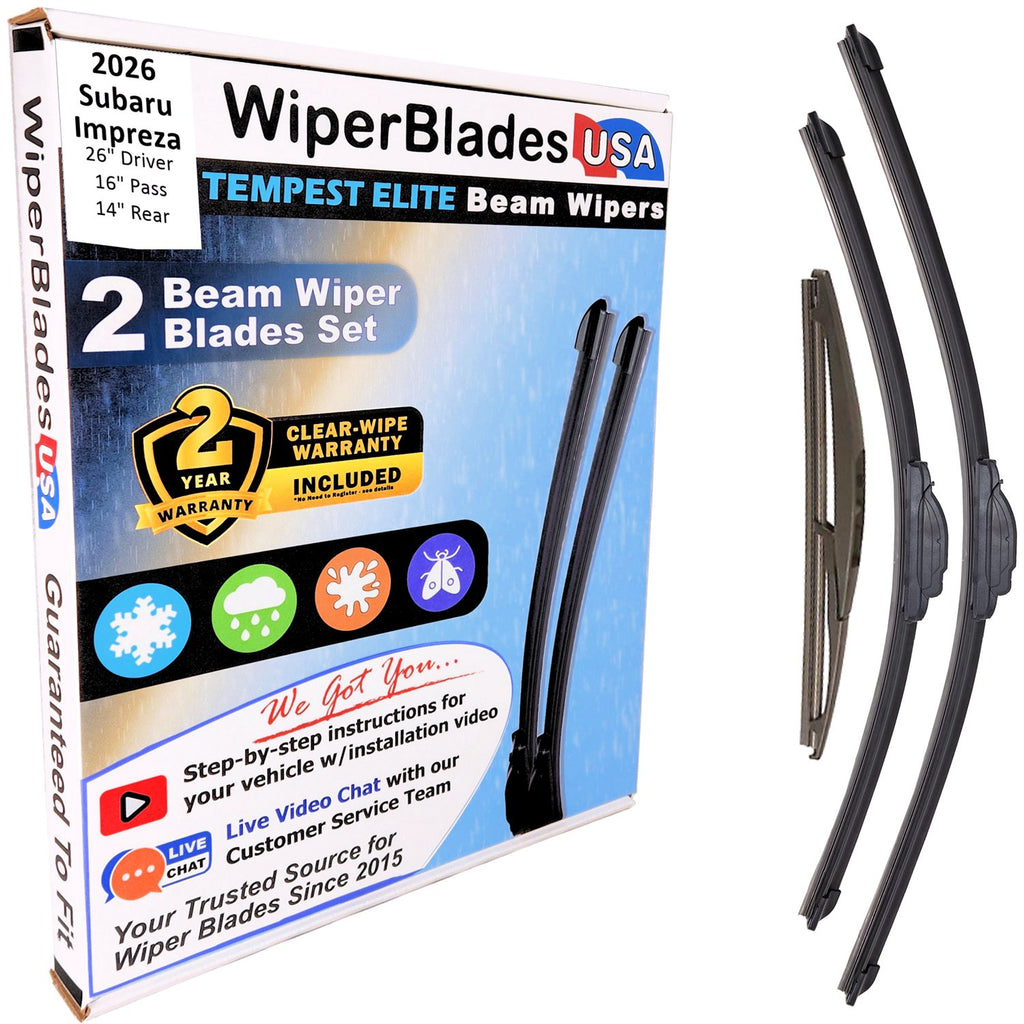 Wiper blades set for 2026 Subaru Impreza including rear wiper with 2yr Warranty - WiperBladesUSA - Size Correct