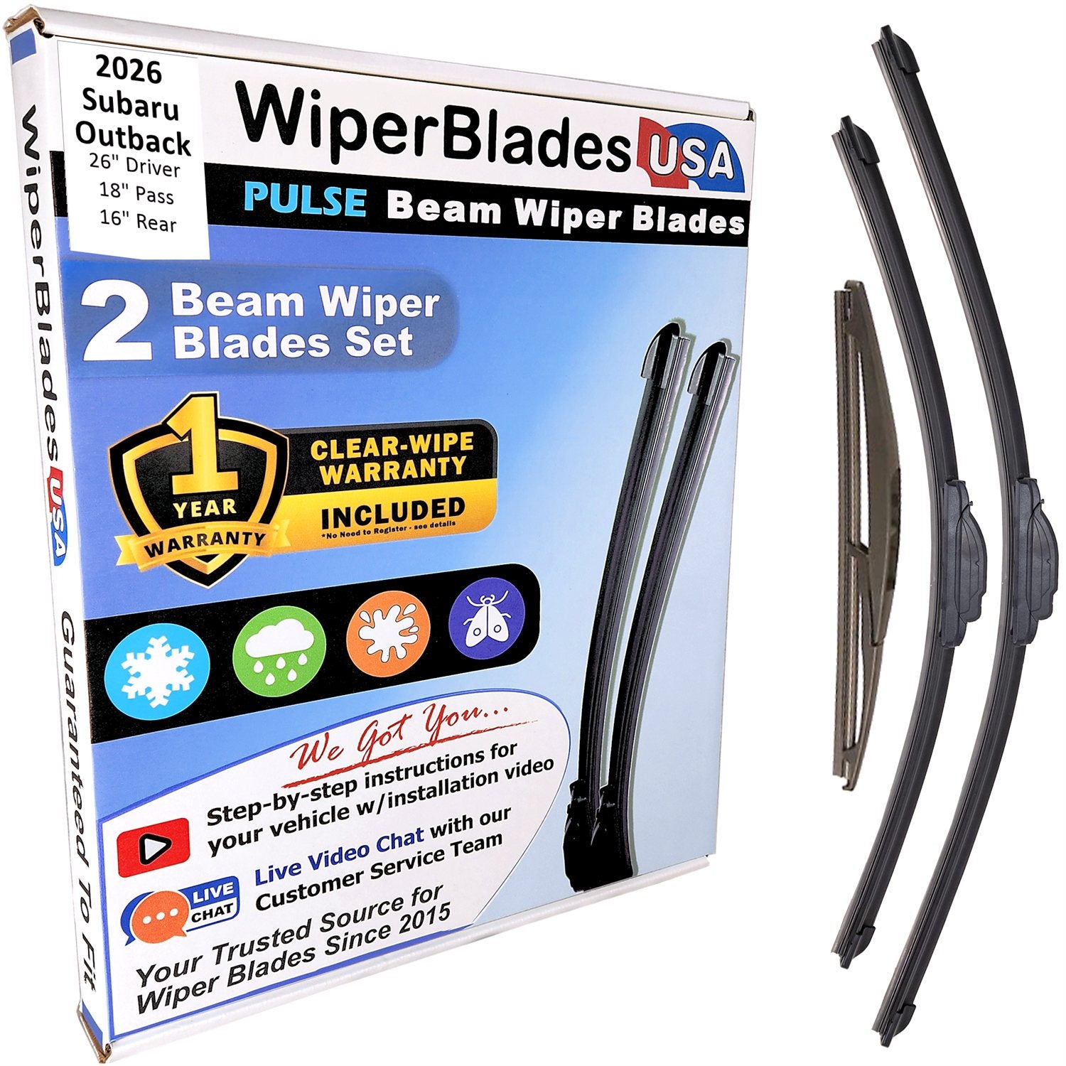 Wiper blades set for 2026 Subaru Outback including rear wiper with 1yr Warranty - WiperBladesUSA - Size Correct