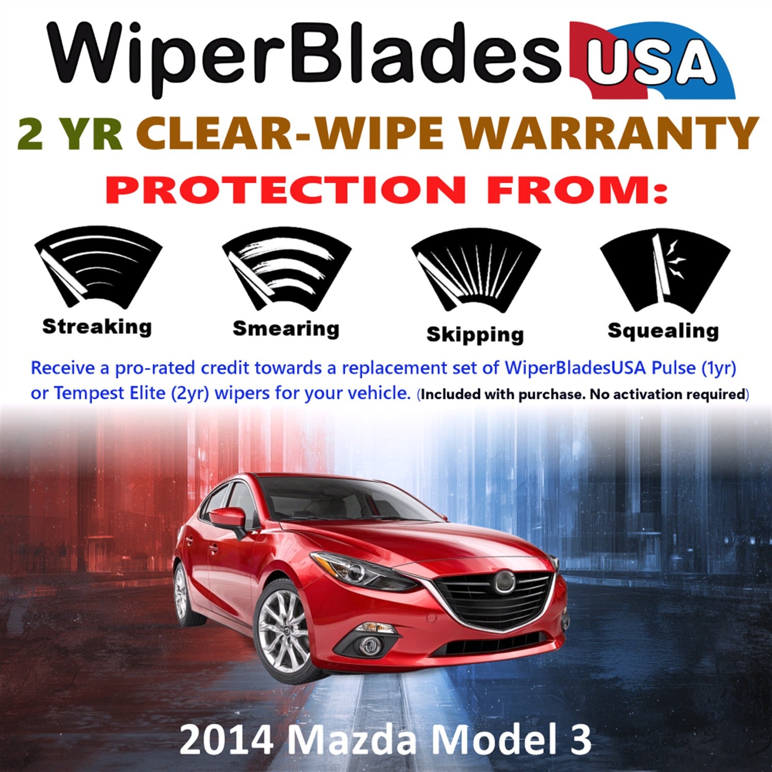 2014 Mazda Model 3 Front w/Rear Wiper blades Set  Includes 2yr Wear Warranty & Free Delivery