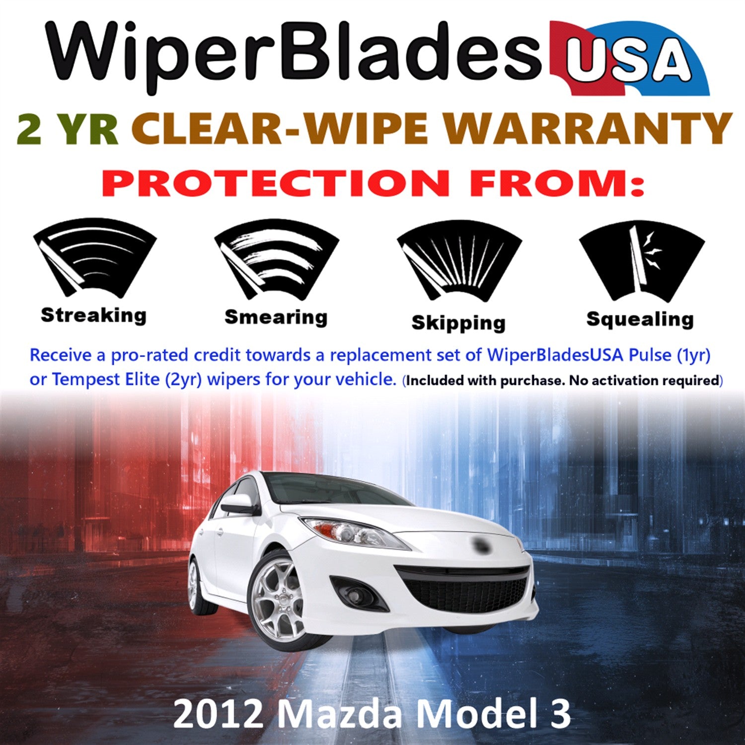 2012 Mazda Model 3 Front w/Rear Wiper blades Set  Includes 2yr Wear Warranty & Free Delivery