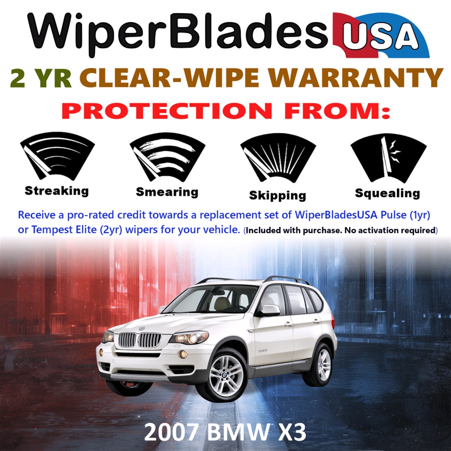 2007 BMW X3 Front w/Rear Wiper blades Set  Includes 2yr Wear Warranty & Free Delivery
