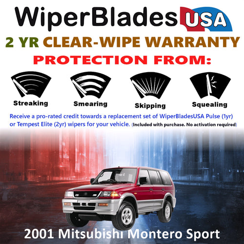 2001 Mitsubishi Montero Sport Front w/Rear Wiper blades Set  Includes 2yr Wear Warranty & Free Delivery