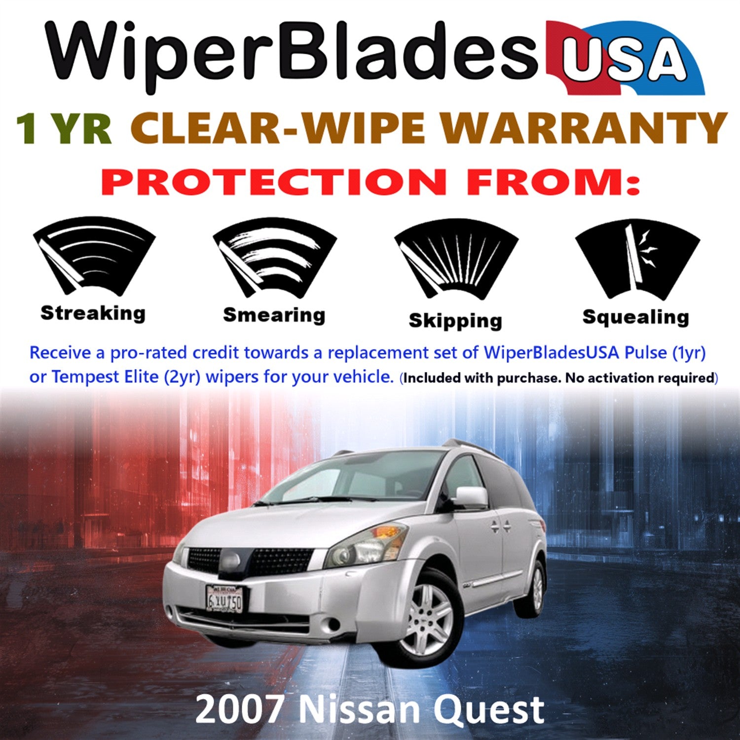 2007 Nissan Quest Front w/Rear Wiper blades Set Includes 1yr Wear Warranty & Free Delivery
