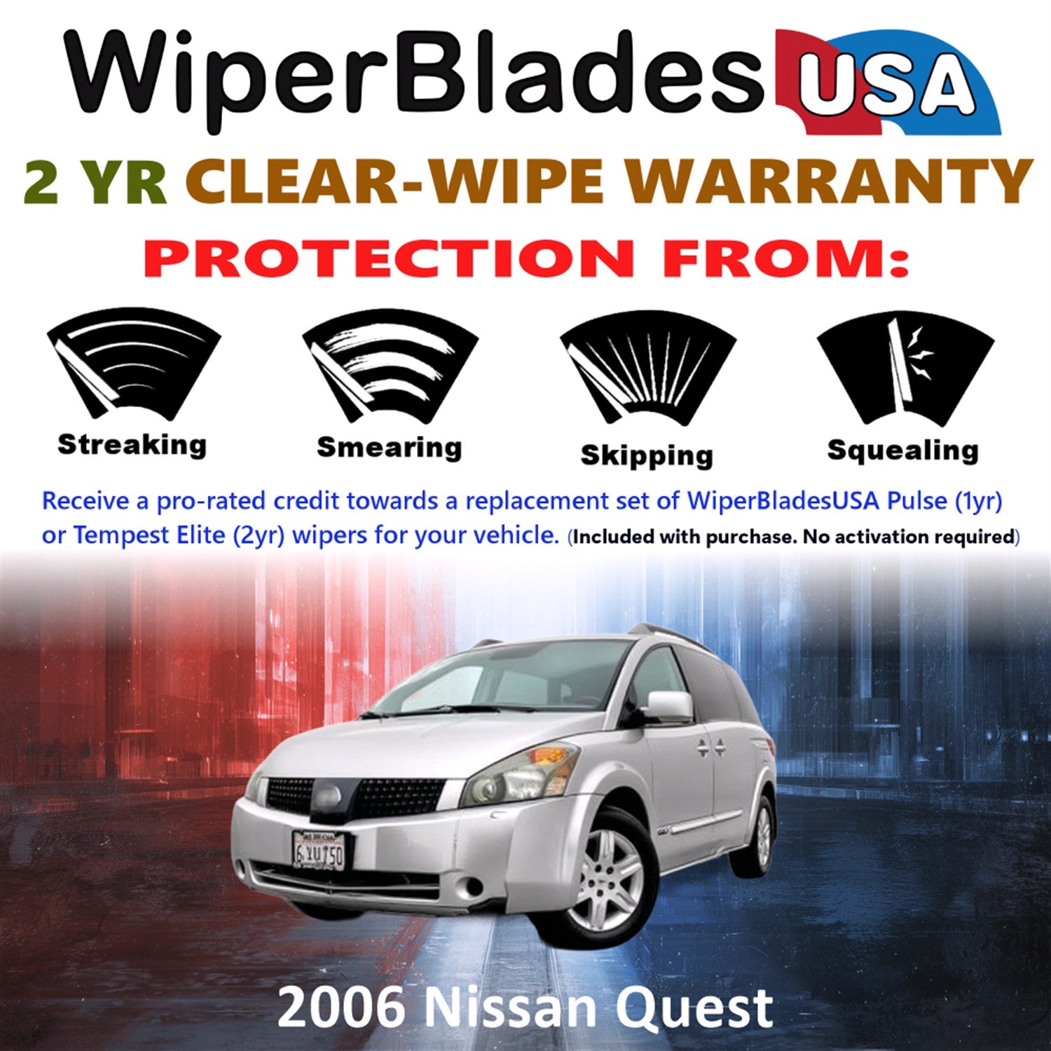 2006 Nissan Quest Front w/Rear Wiper blades Set  Includes 2yr Wear Warranty & Free Delivery