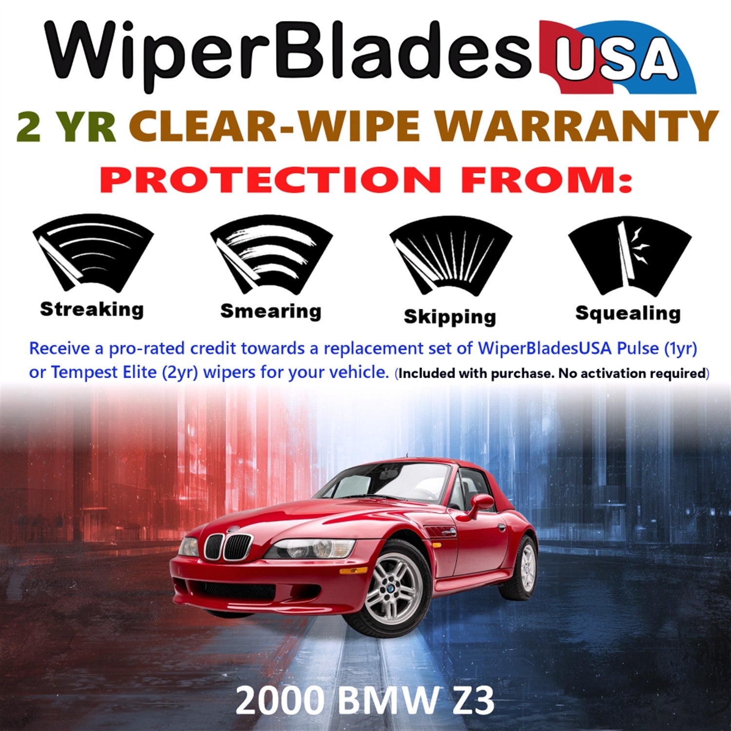2000 BMW Z3 Front w/Rear Wiper blades Set  Includes 2yr Wear Warranty & Free Delivery