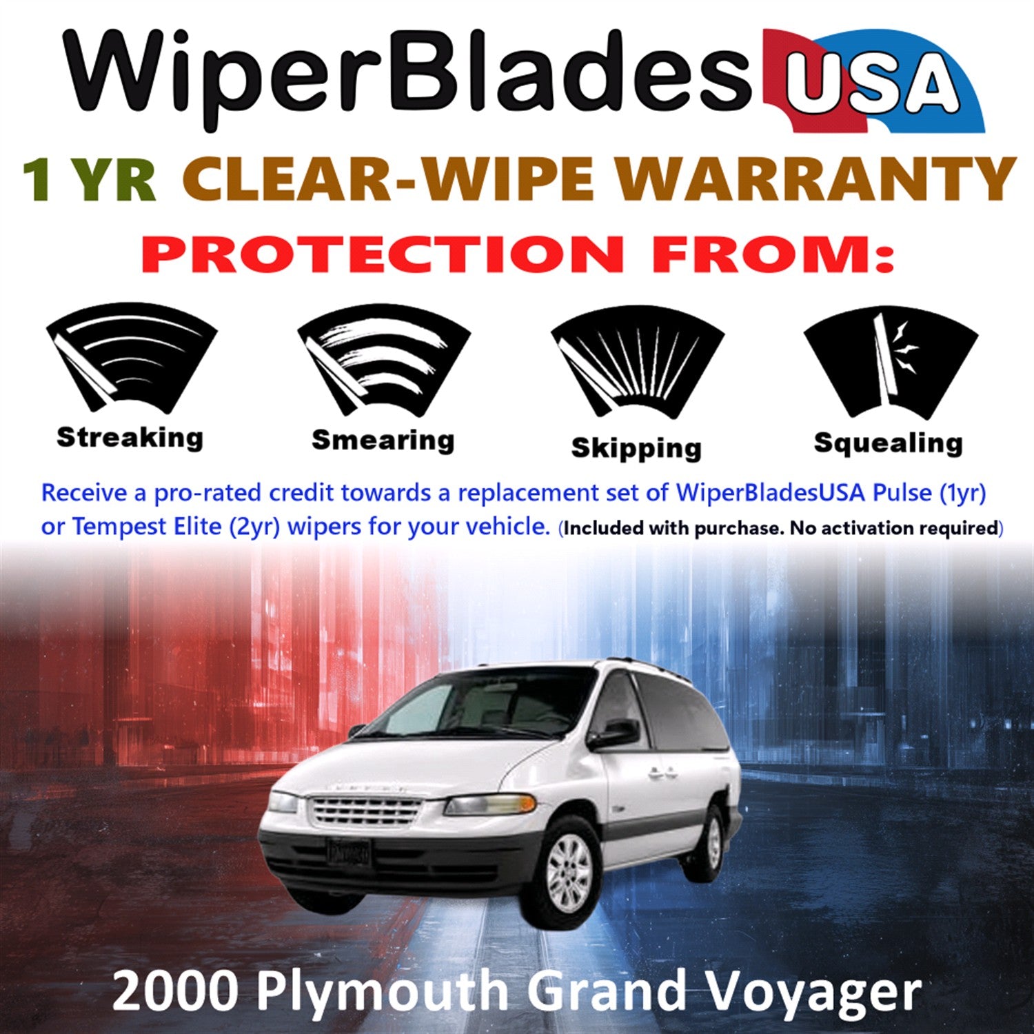 2000 Plymouth Grand Voyager Front w/Rear Wiper blades Set Includes 1yr Wear Warranty & Free Delivery