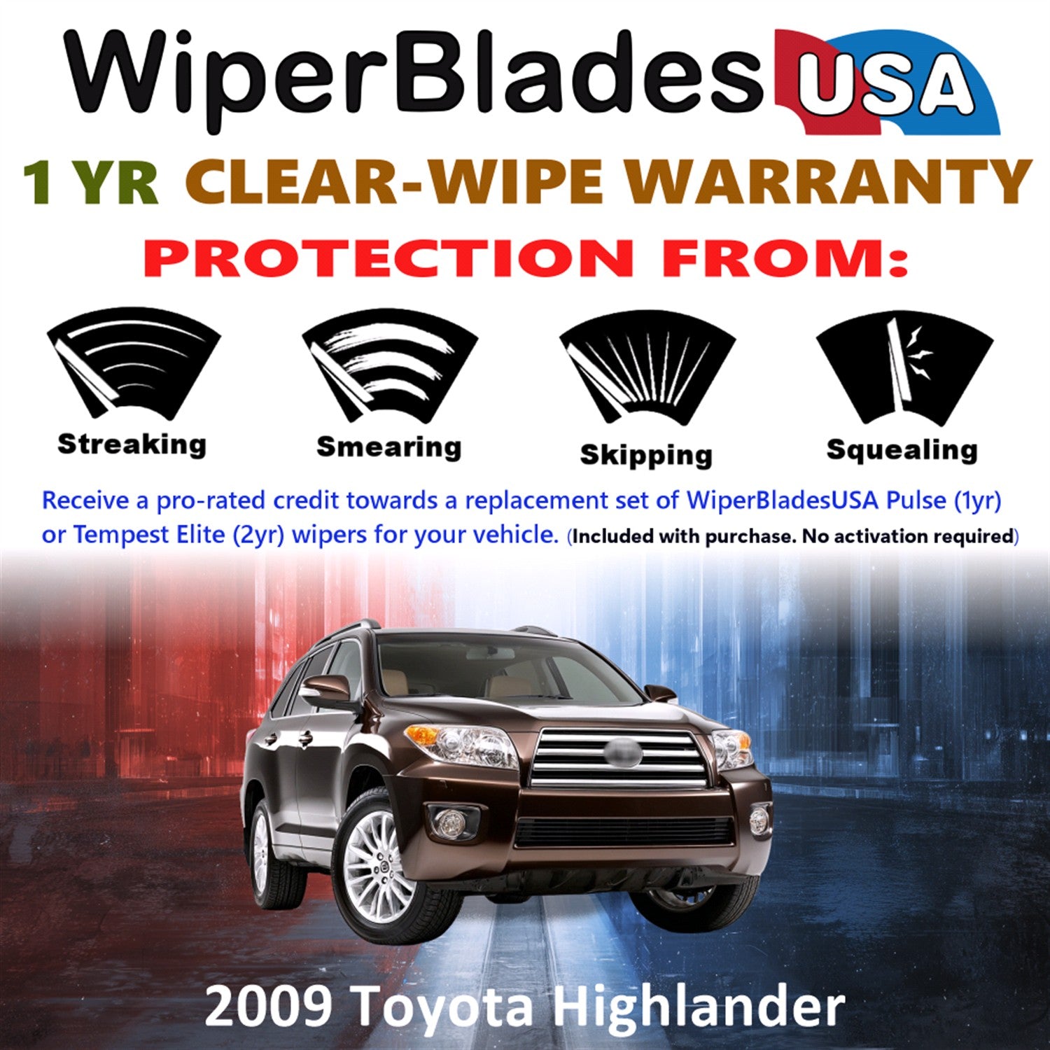 2009 Toyota Highlander Front w/Rear Wiper blades Set Includes 1yr Wear Warranty & Free Delivery