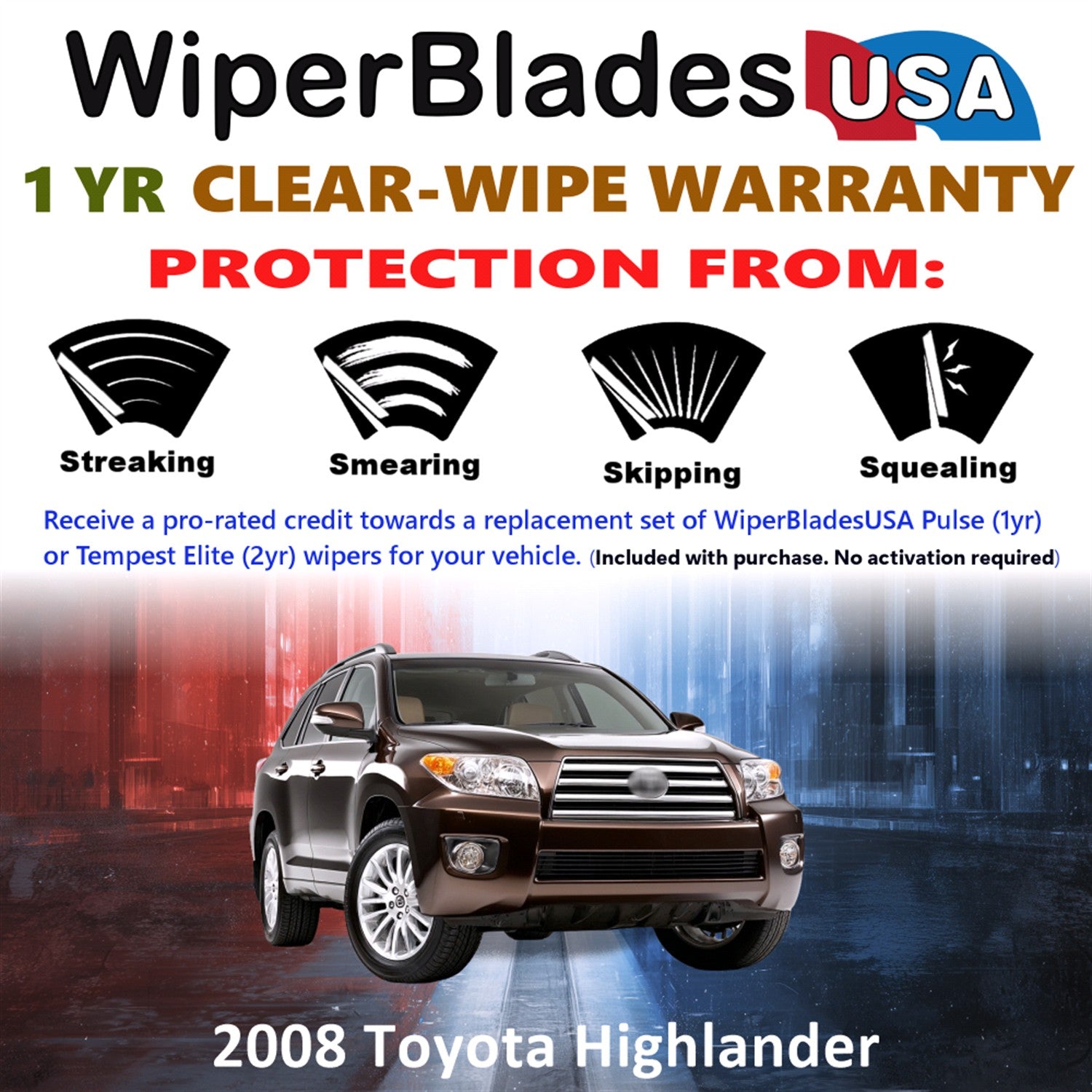 2008 Toyota Highlander Front w/Rear Wiper blades Set Includes 1yr Wear Warranty & Free Delivery