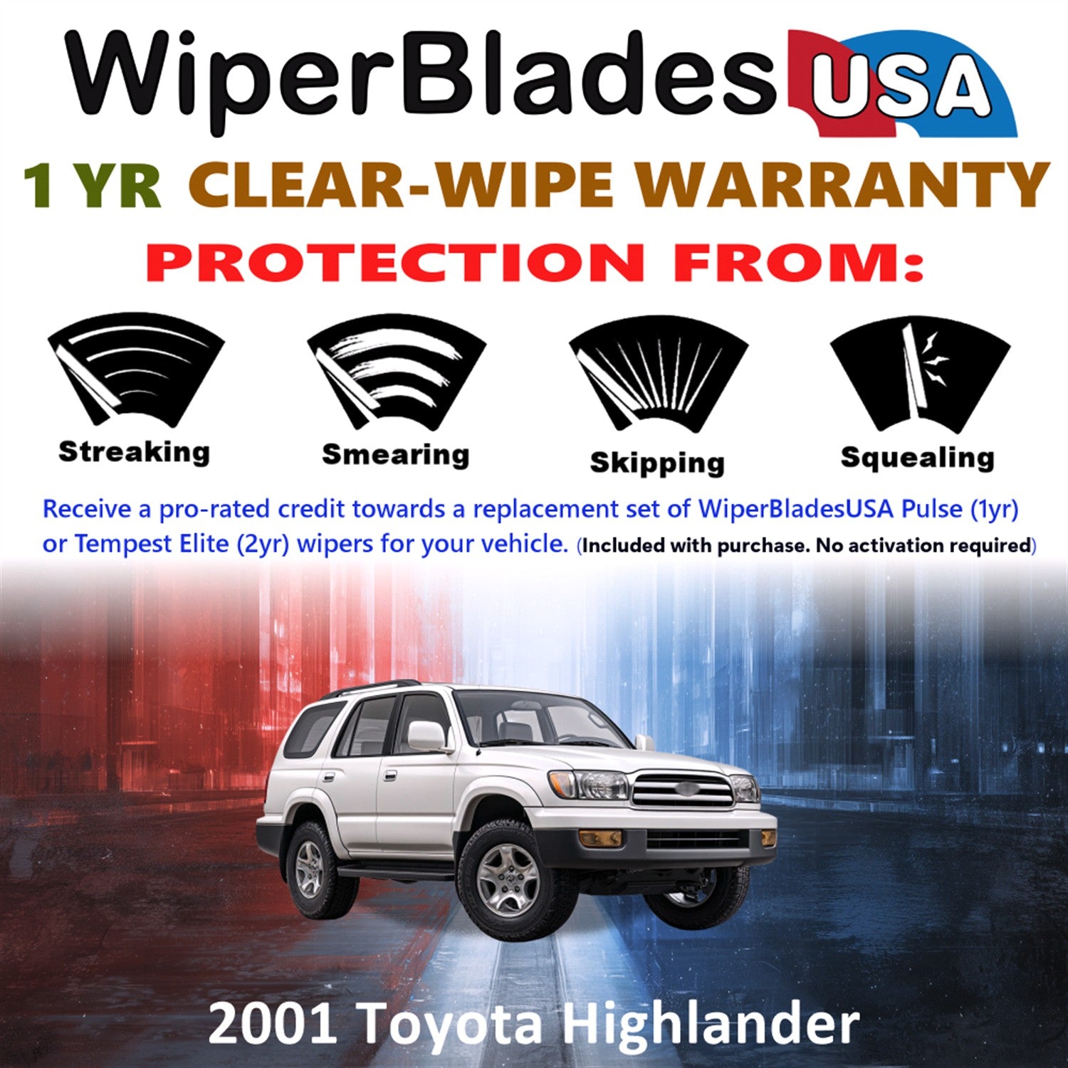 2001 Toyota Highlander Front w/Rear Wiper blades Set Includes 1yr Wear Warranty & Free Delivery