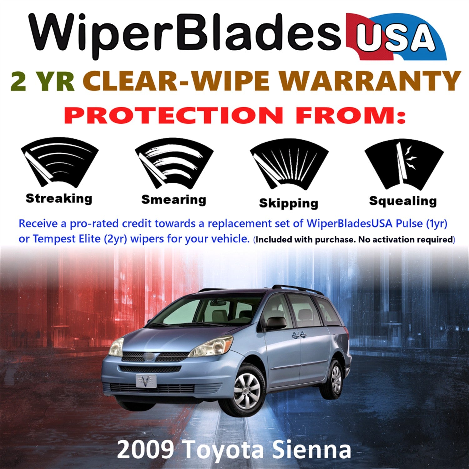 2009 Toyota Sienna Front w/Rear Wiper blades Set  Includes 2yr Wear Warranty & Free Delivery