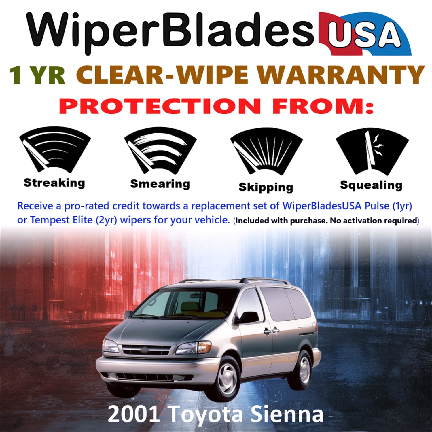 2001 Toyota Sienna Front w/Rear Wiper blades Set Includes 1yr Wear Warranty & Free Delivery