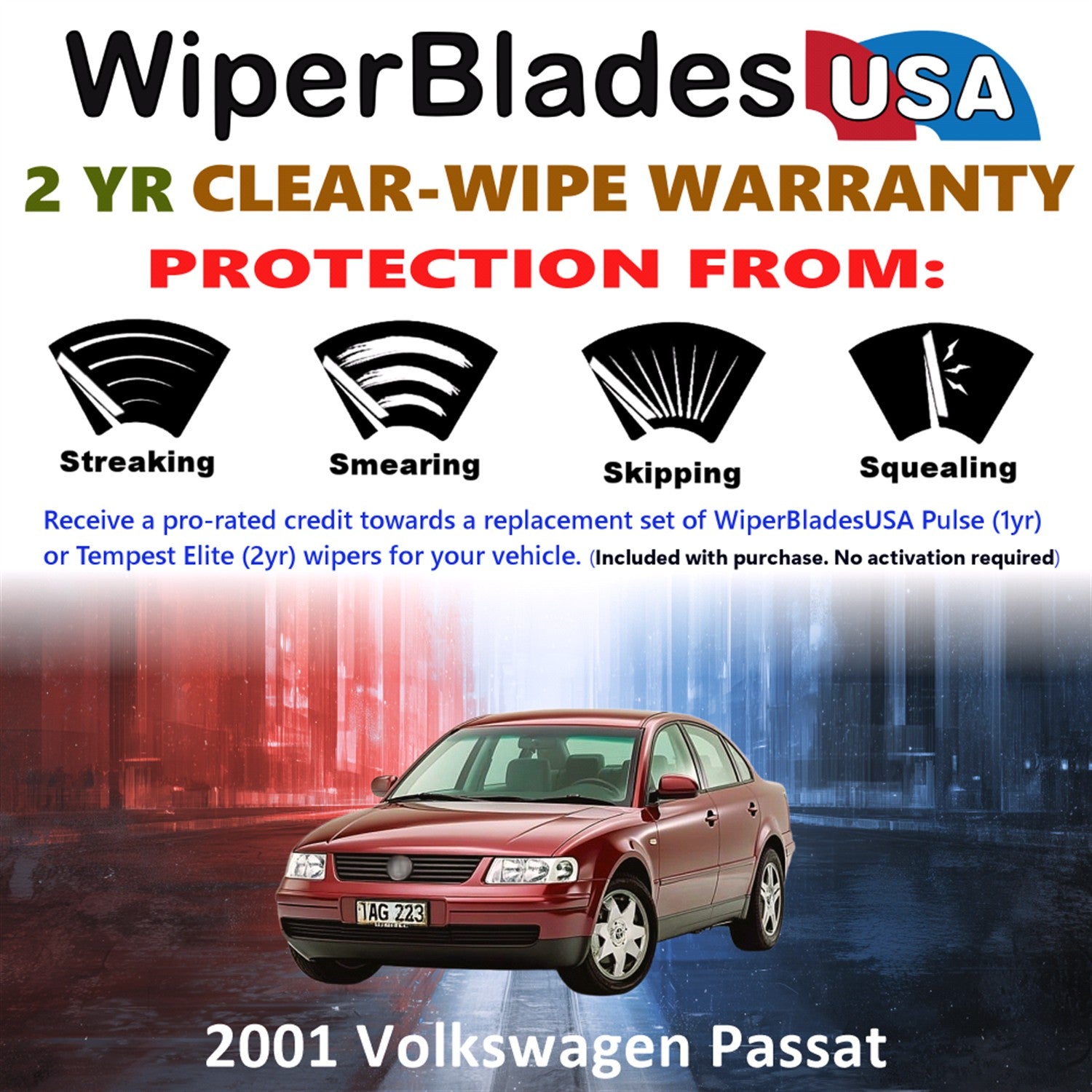 2001 Volkswagen Passat Front w/Rear Wiper blades Set  Includes 2yr Wear Warranty & Free Delivery