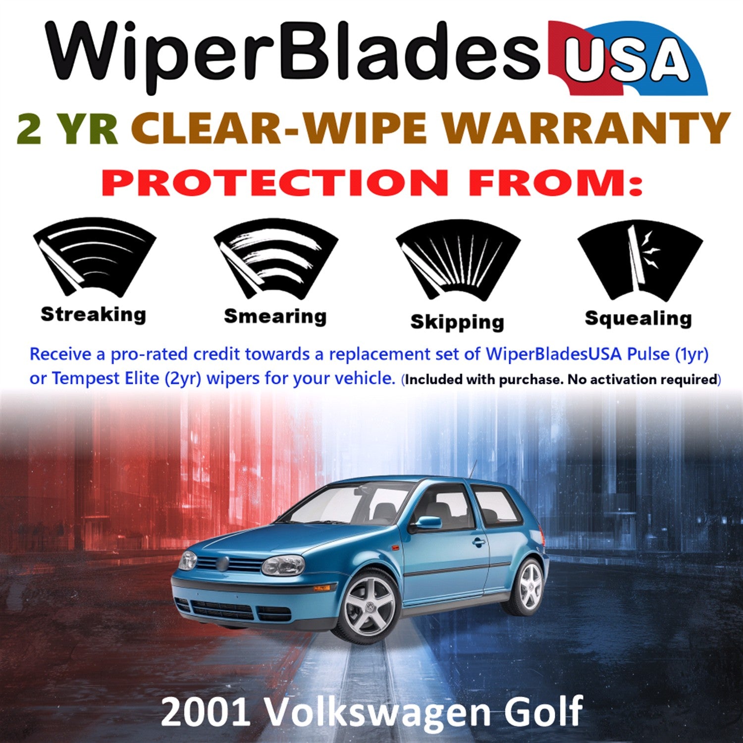 2001 Volkswagen Golf Front w/Rear Wiper blades Set  Includes 2yr Wear Warranty & Free Delivery