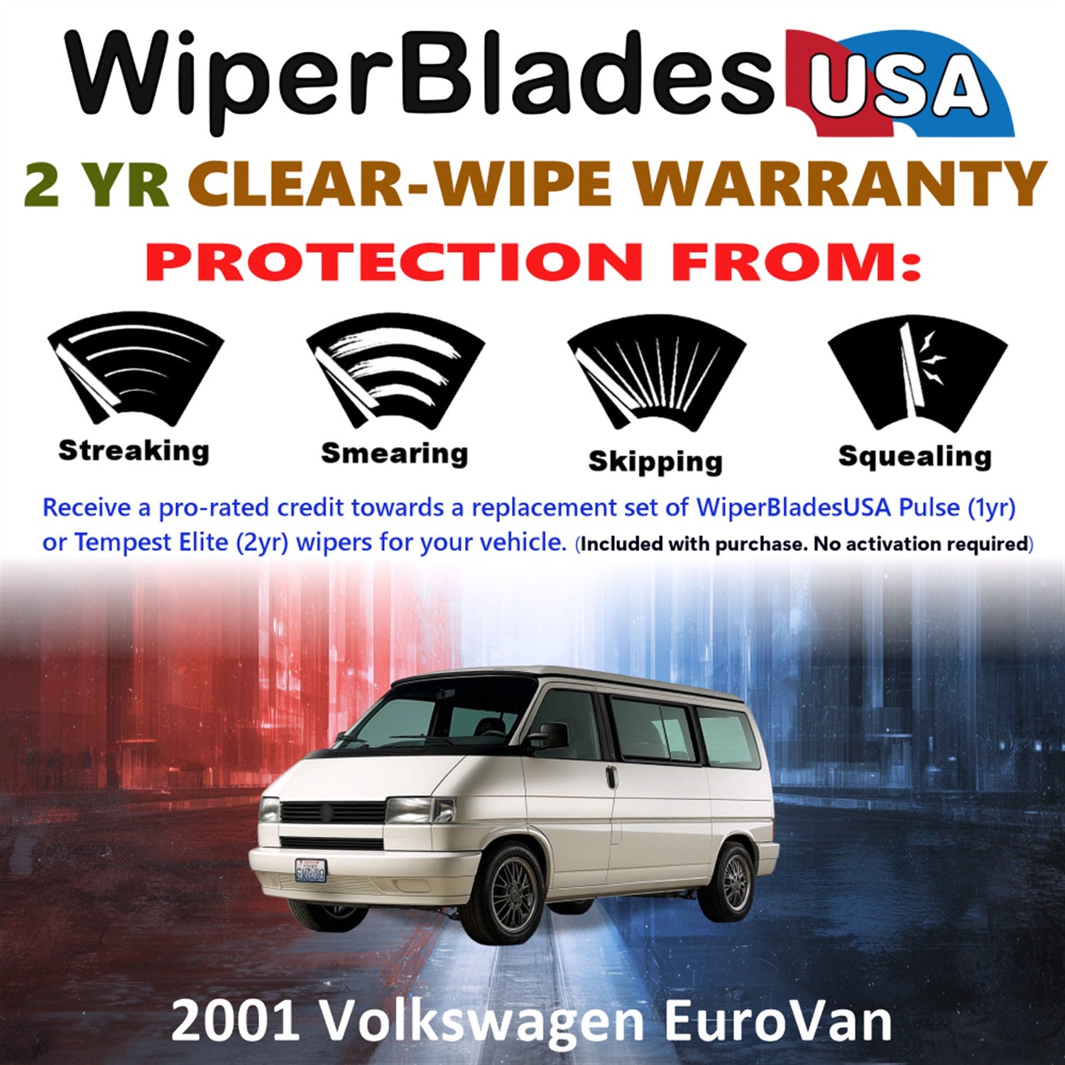 2001 Volkswagen EuroVan Front w/Rear Wiper blades Set  Includes 2yr Wear Warranty & Free Delivery