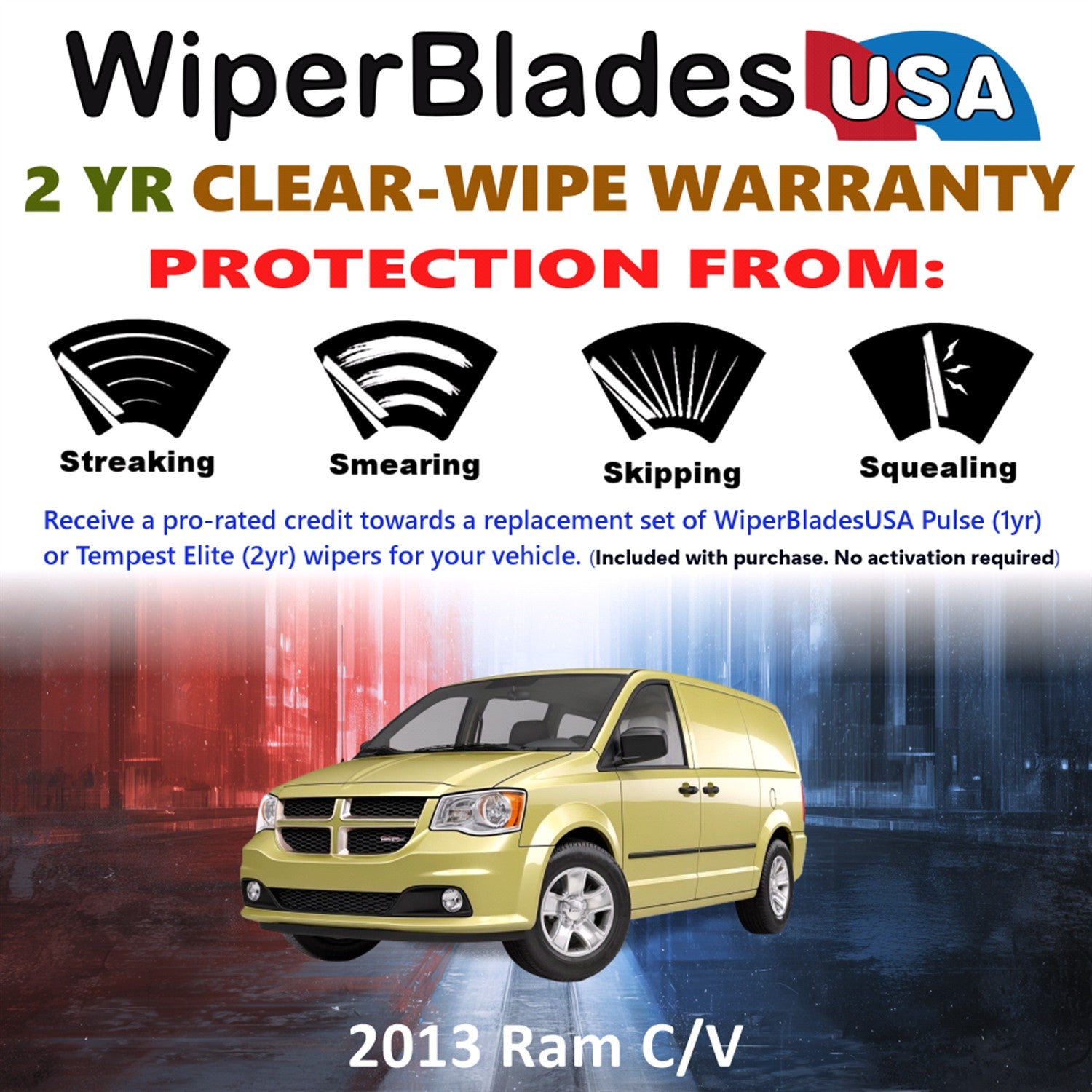 2013 Ram C/V Front w/Rear Wiper blades Set  Includes 2yr Wear Warranty & Free Delivery