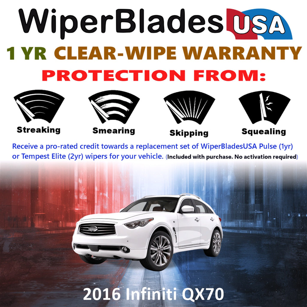 2016 Infiniti QX70 Front w/Rear Wiper blades Set Includes 1yr Wear Warranty & Free Delivery