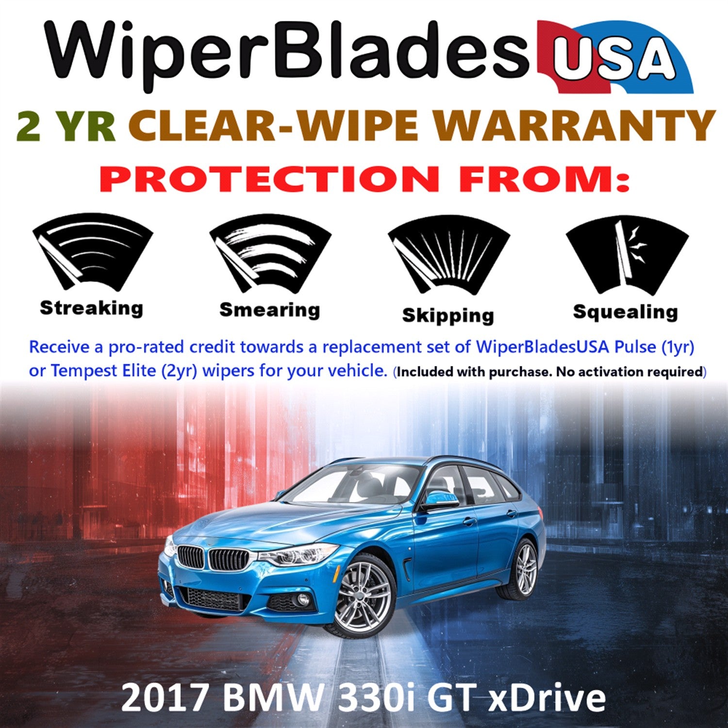2017 BMW 330i GT xDrive Front w/Rear Wiper blades Set  Includes 2yr Wear Warranty & Free Delivery