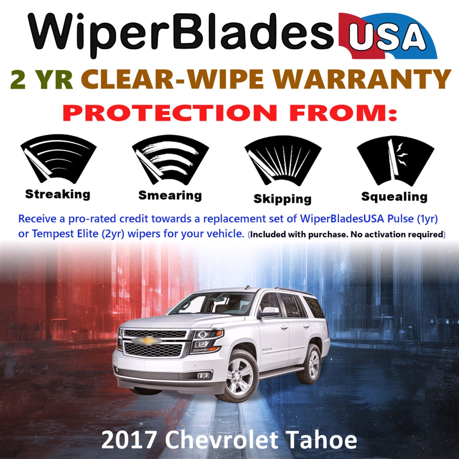 2017 Chevrolet Tahoe Front w/Rear Wiper blades Set  Includes 2yr Wear Warranty & Free Delivery