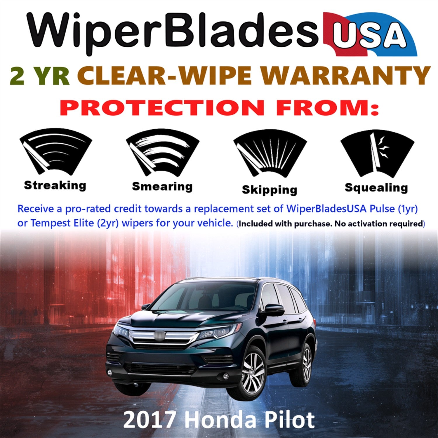 2017 Honda Pilot Front w/Rear Wiper blades Set  Includes 2yr Wear Warranty & Free Delivery