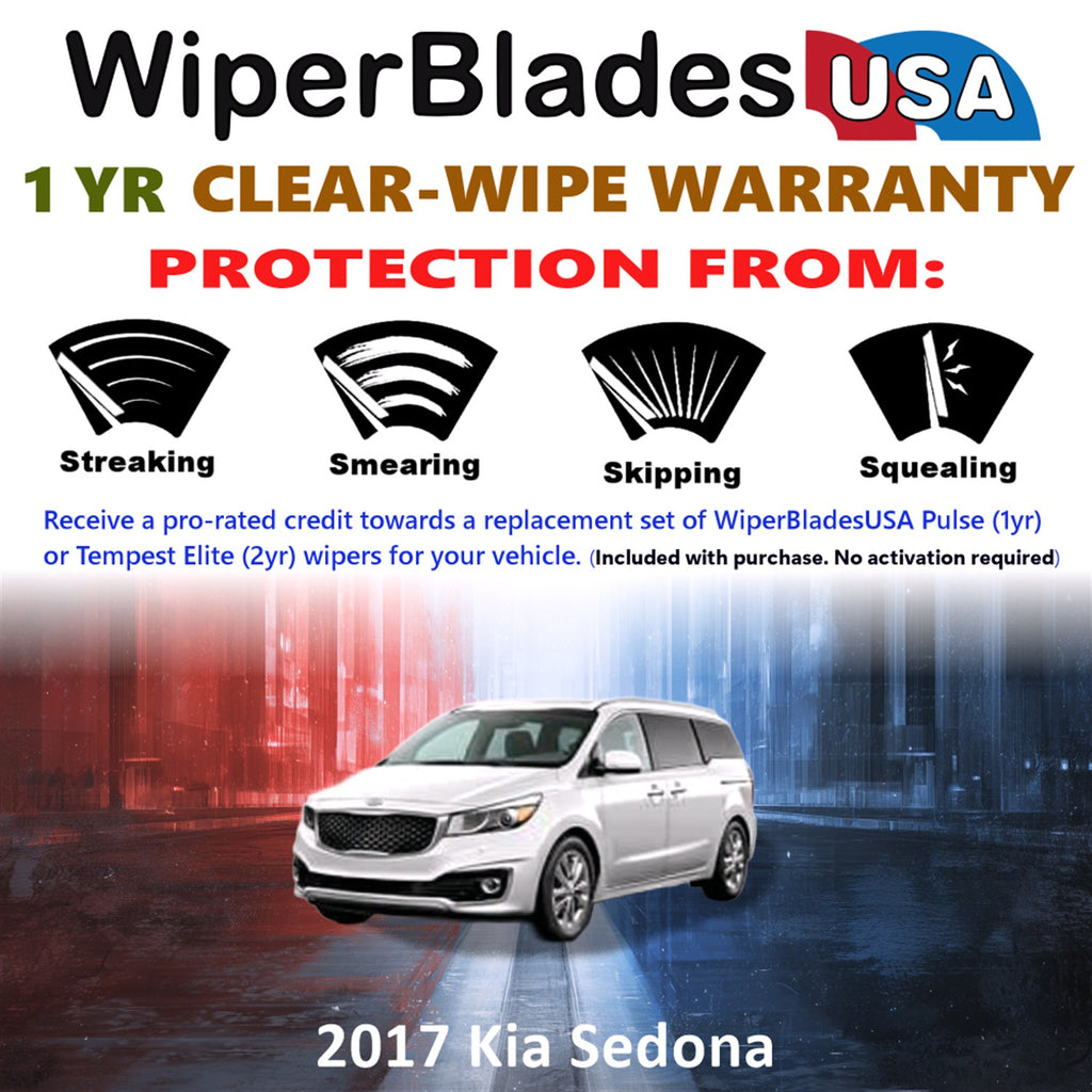2017 Kia Sedona Front w/Rear Wiper blades Set Includes 1yr Wear Warranty & Free Delivery