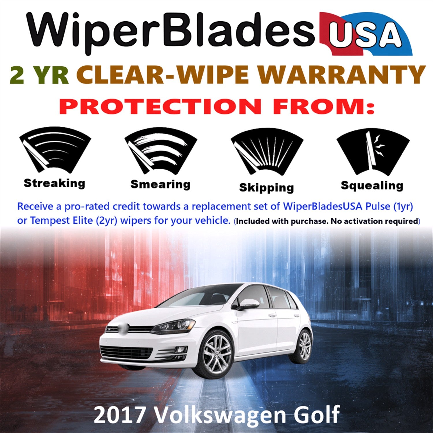 2017 Volkswagen Golf Front w/Rear Wiper blades Set  Includes 2yr Wear Warranty & Free Delivery