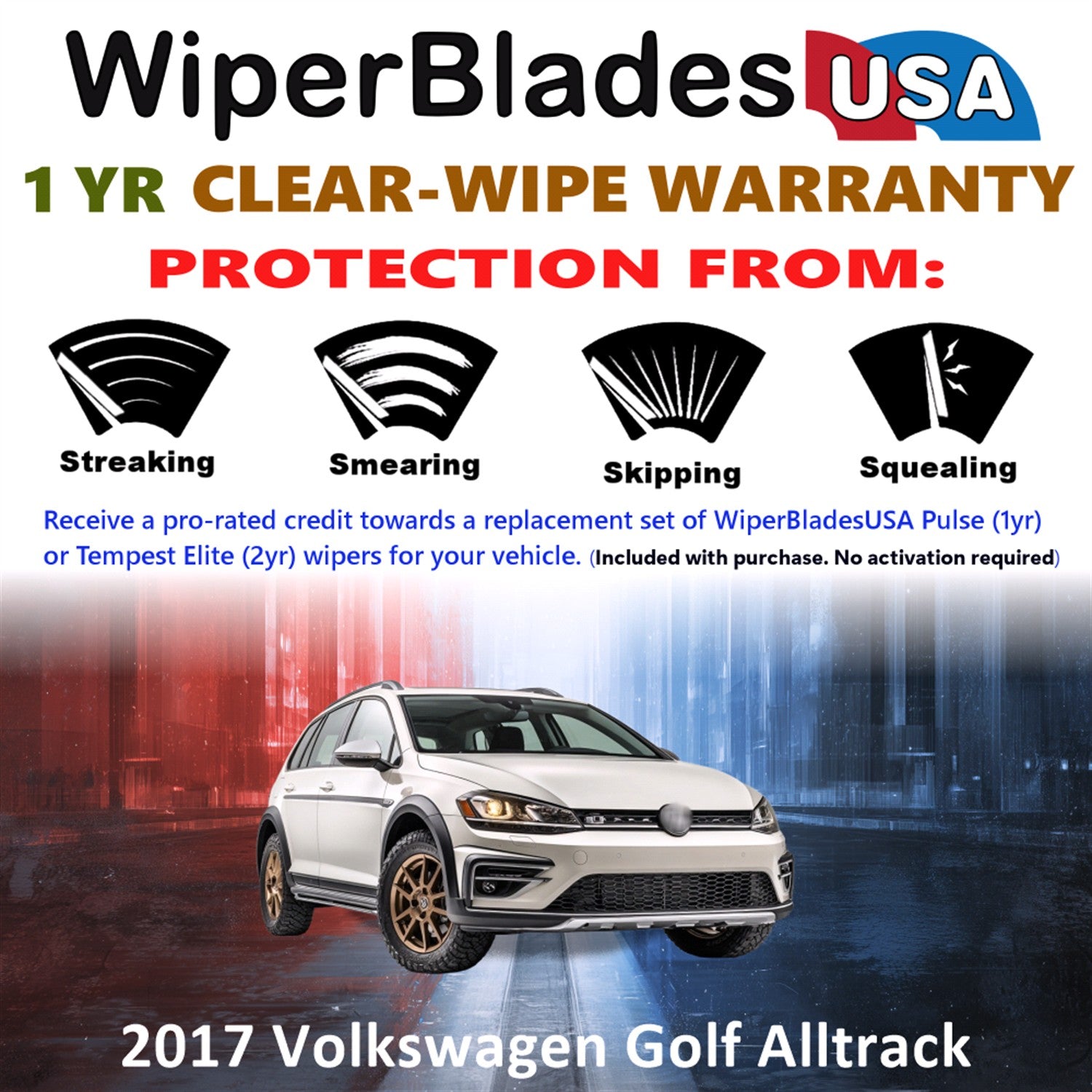 2017 Volkswagen Golf Alltrack Front w/Rear Wiper blades Set Includes 1yr Wear Warranty & Free Delivery