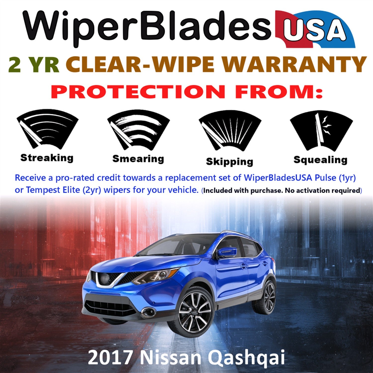 2017 Nissan Qashqai Front w/Rear Wiper blades Set  Includes 2yr Wear Warranty & Free Delivery