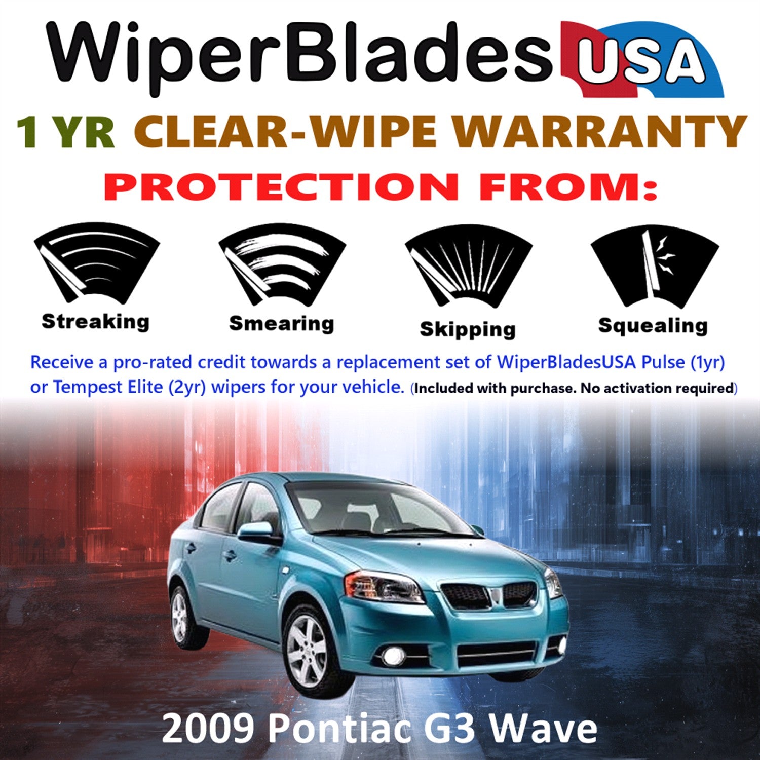 2009 Pontiac G3 Wave Front w/Rear Wiper blades Set Includes 1yr Wear Warranty & Free Delivery