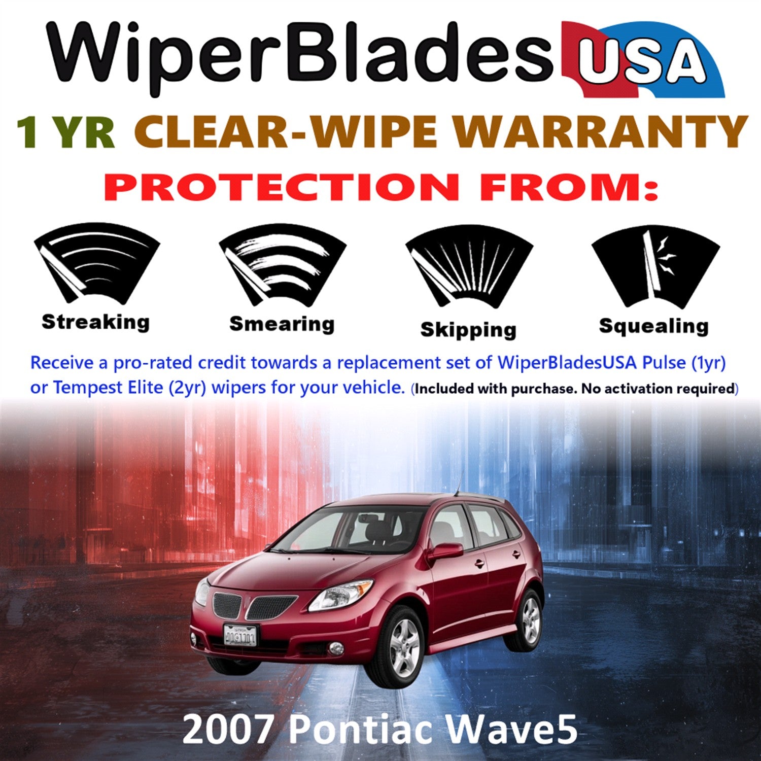 2007 Pontiac Wave5 Front w/Rear Wiper blades Set Includes 1yr Wear Warranty & Free Delivery