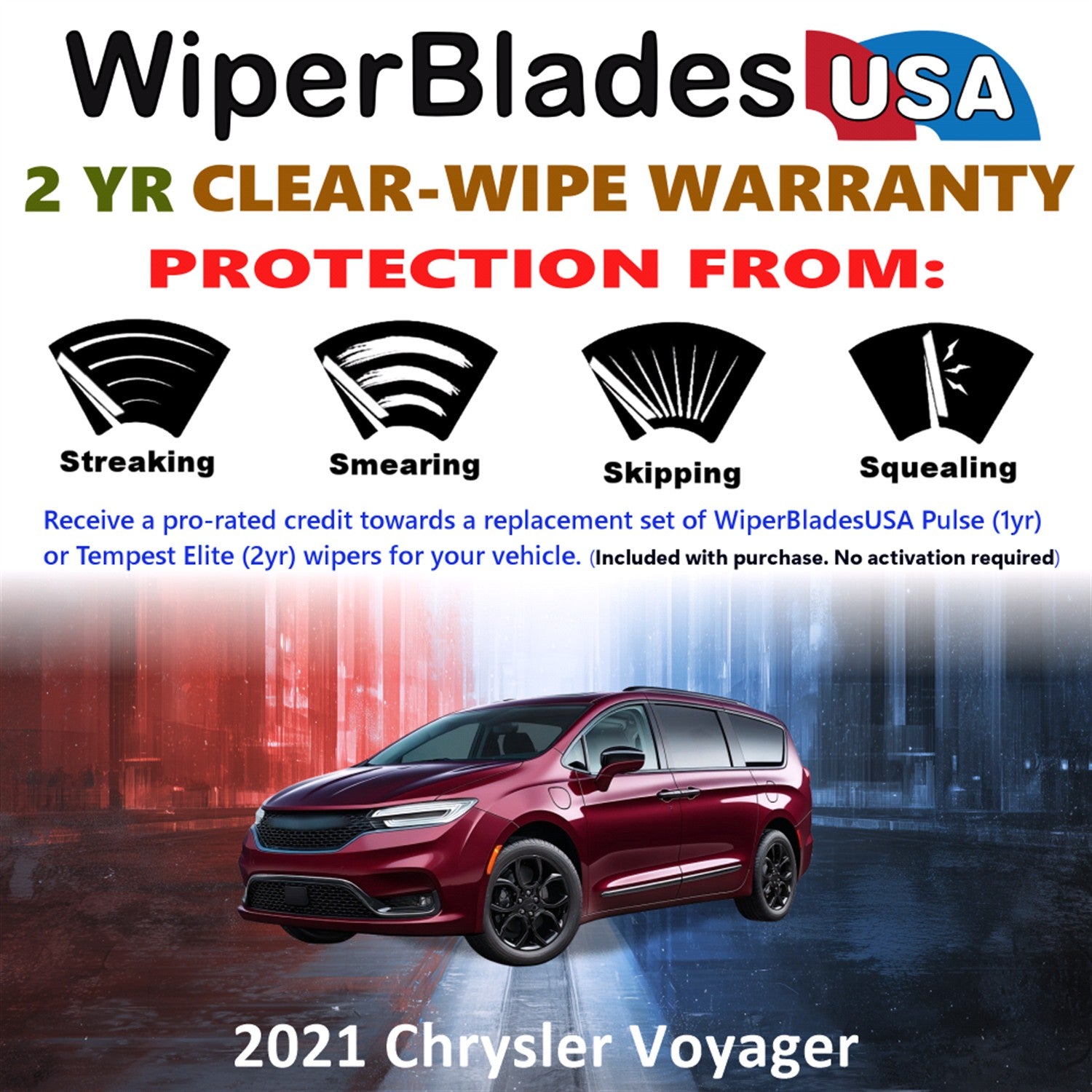 2021 Chrysler Voyager Front w/Rear Wiper blades Set  Includes 2yr Wear Warranty & Free Delivery