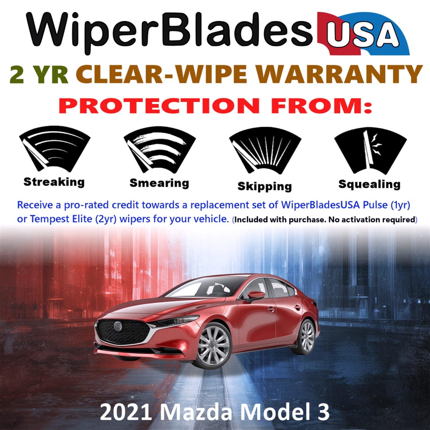 2021 Mazda Model 3 Front w/Rear Wiper blades Set  Includes 2yr Wear Warranty & Free Delivery
