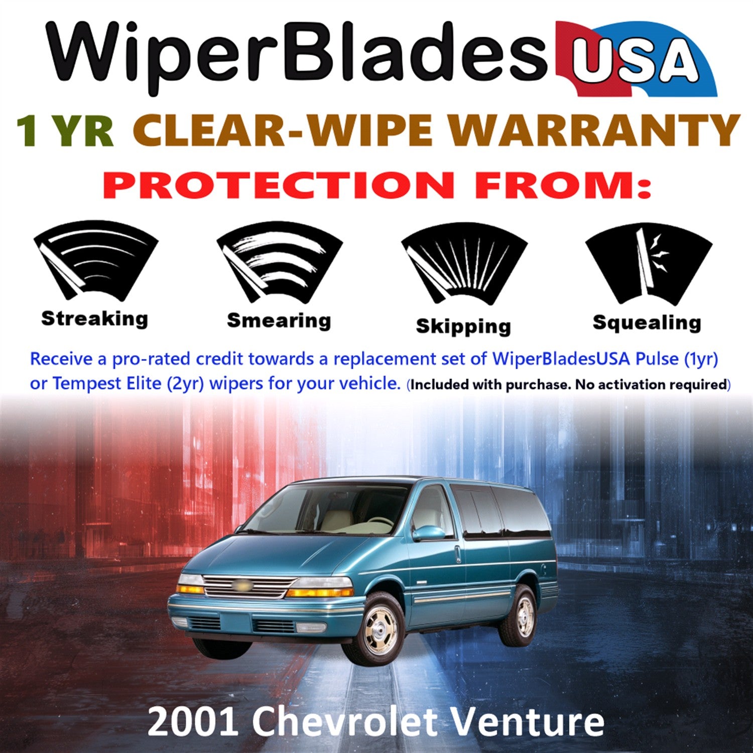 2001 Chevrolet Venture Front w/Rear Wiper blades Set Includes 1yr Wear Warranty & Free Delivery