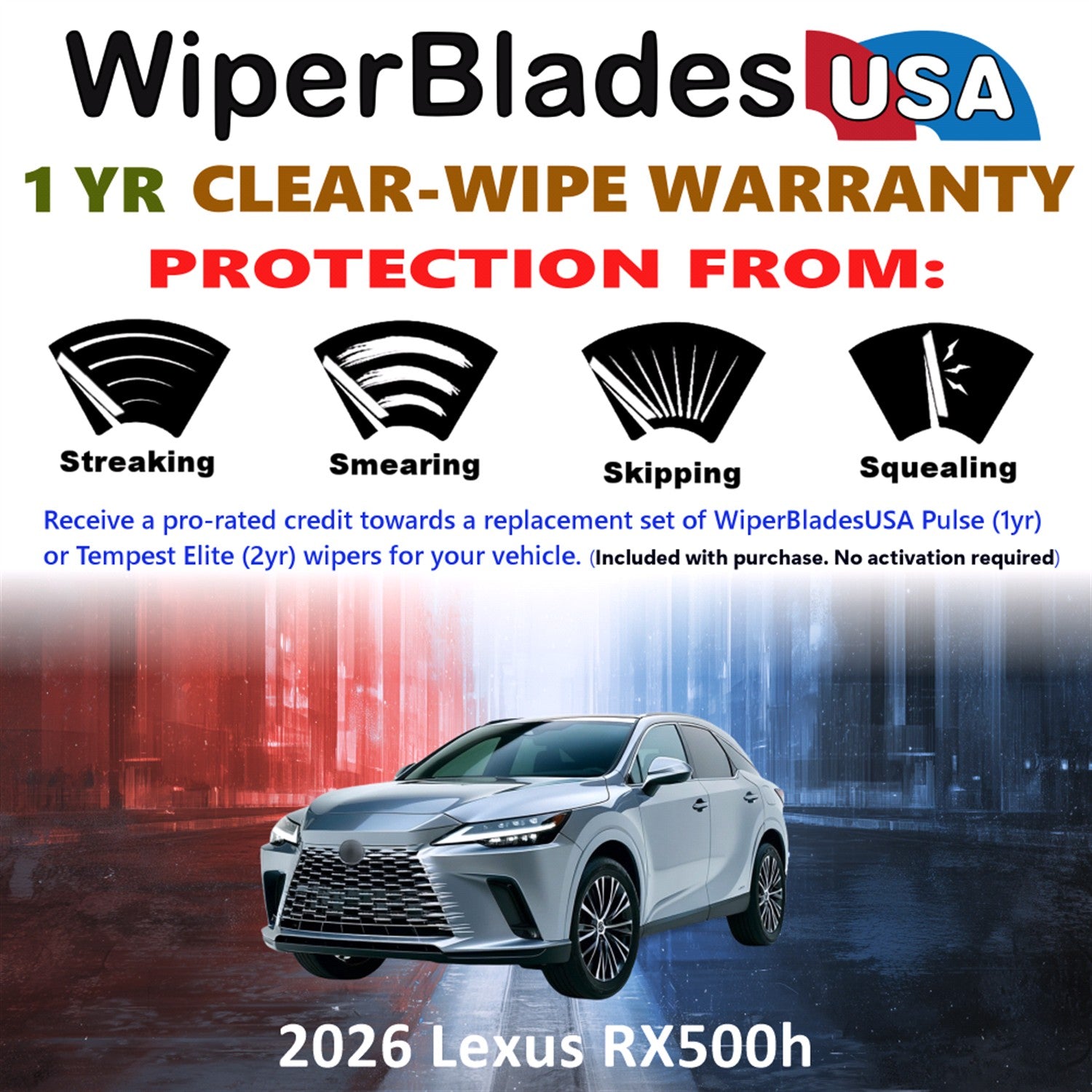 2026 Lexus RX500h Front w/Rear Wiper blades Set Includes 1yr Wear Warranty & Free Delivery