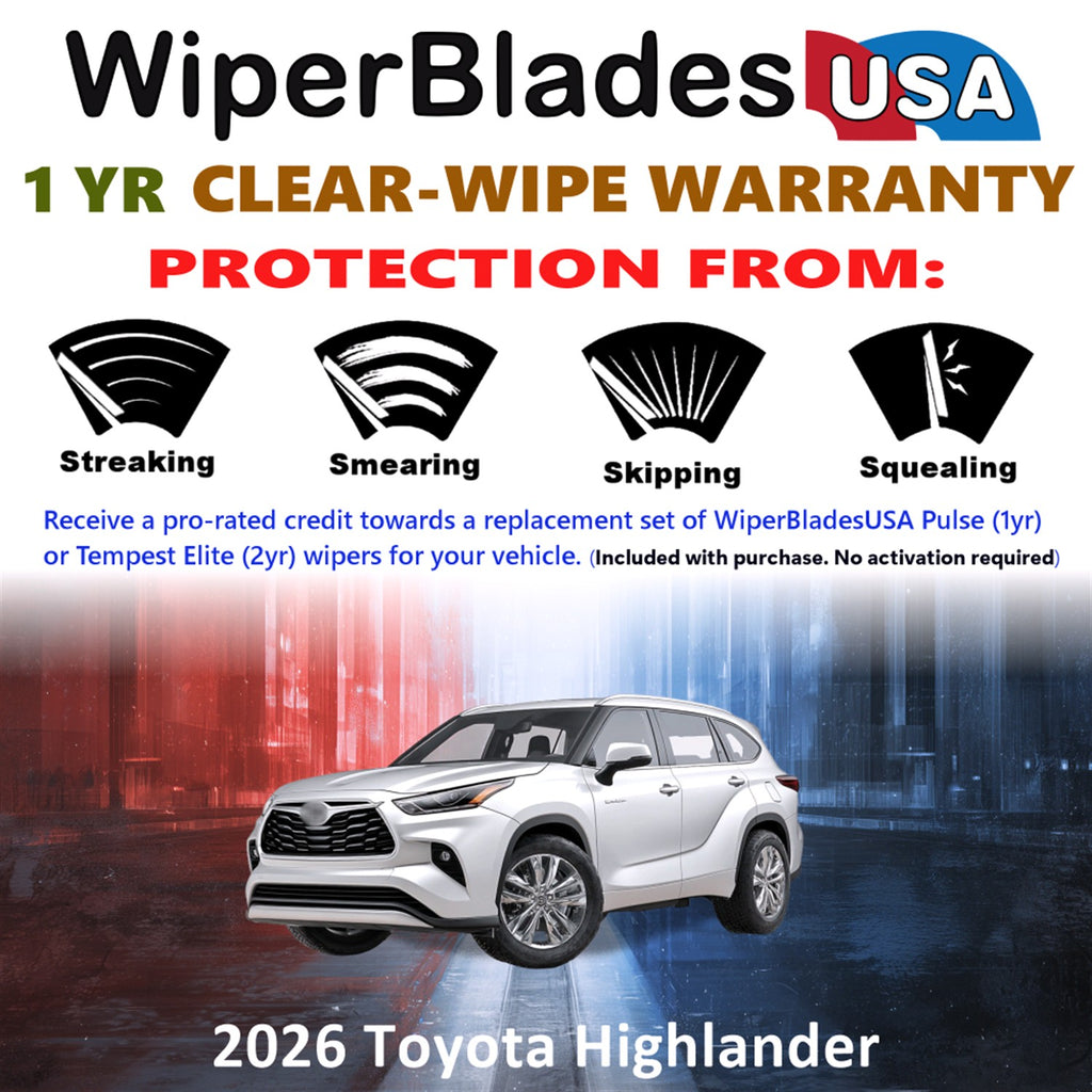 2026 Toyota Highlander Front w/Rear Wiper blades Set Includes 1yr Wear Warranty & Free Delivery