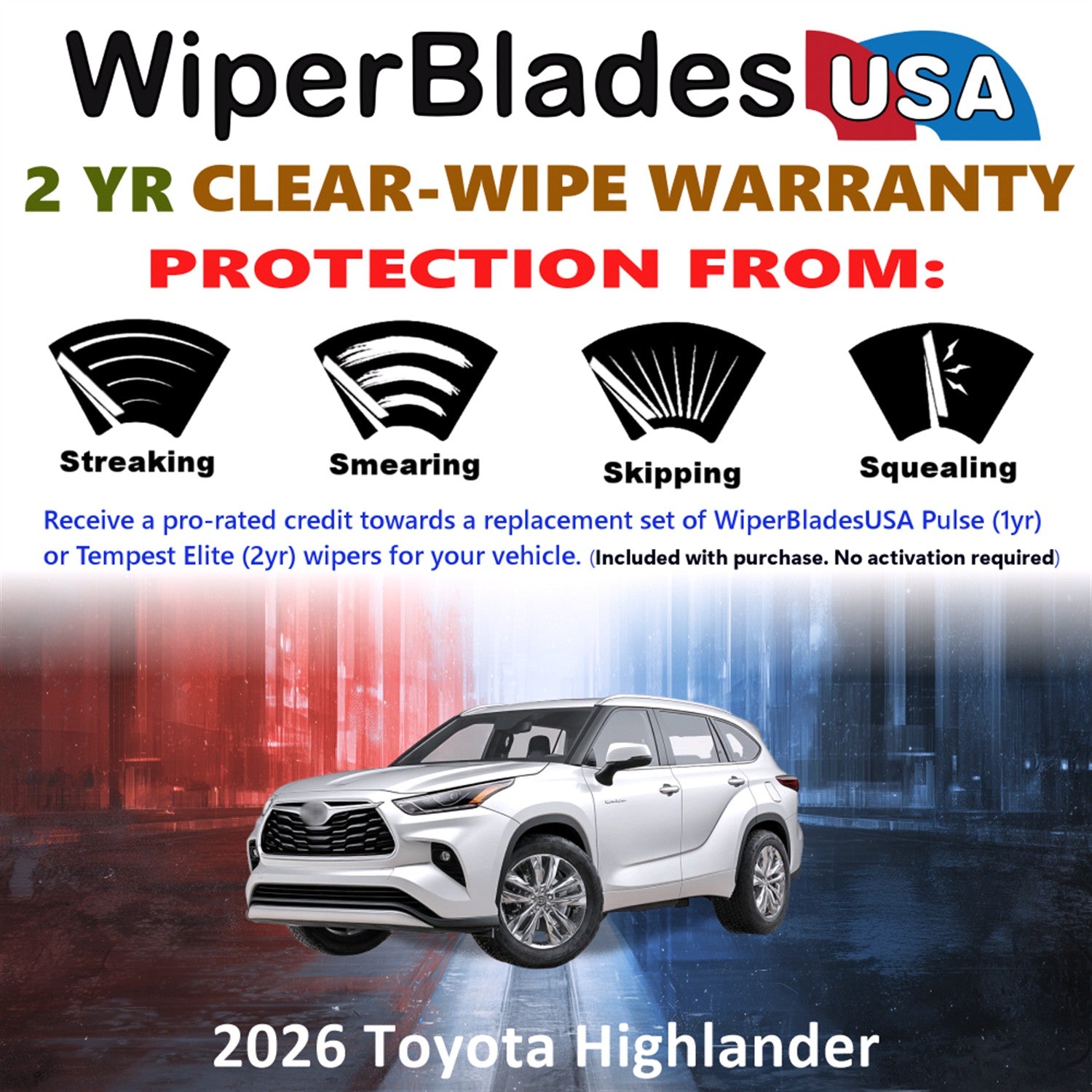 2026 Toyota Highlander Front w/Rear Wiper blades Set  Includes 2yr Wear Warranty & Free Delivery